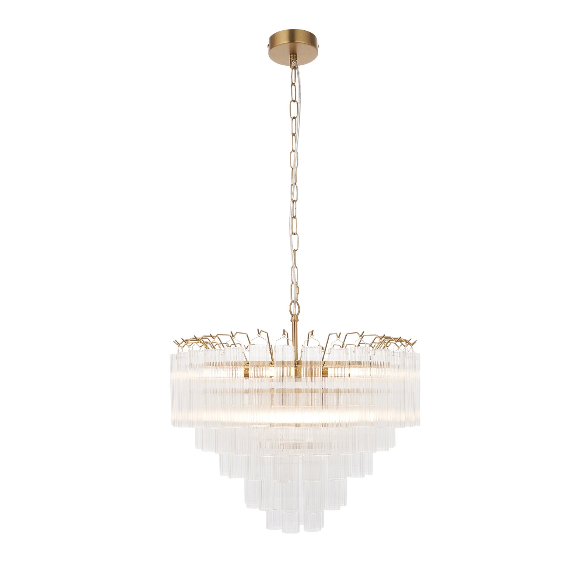 Endon Toulouse 12 Light Pendant - Satin Brass Plate & Clear Ribbed Glass - Flat Edge