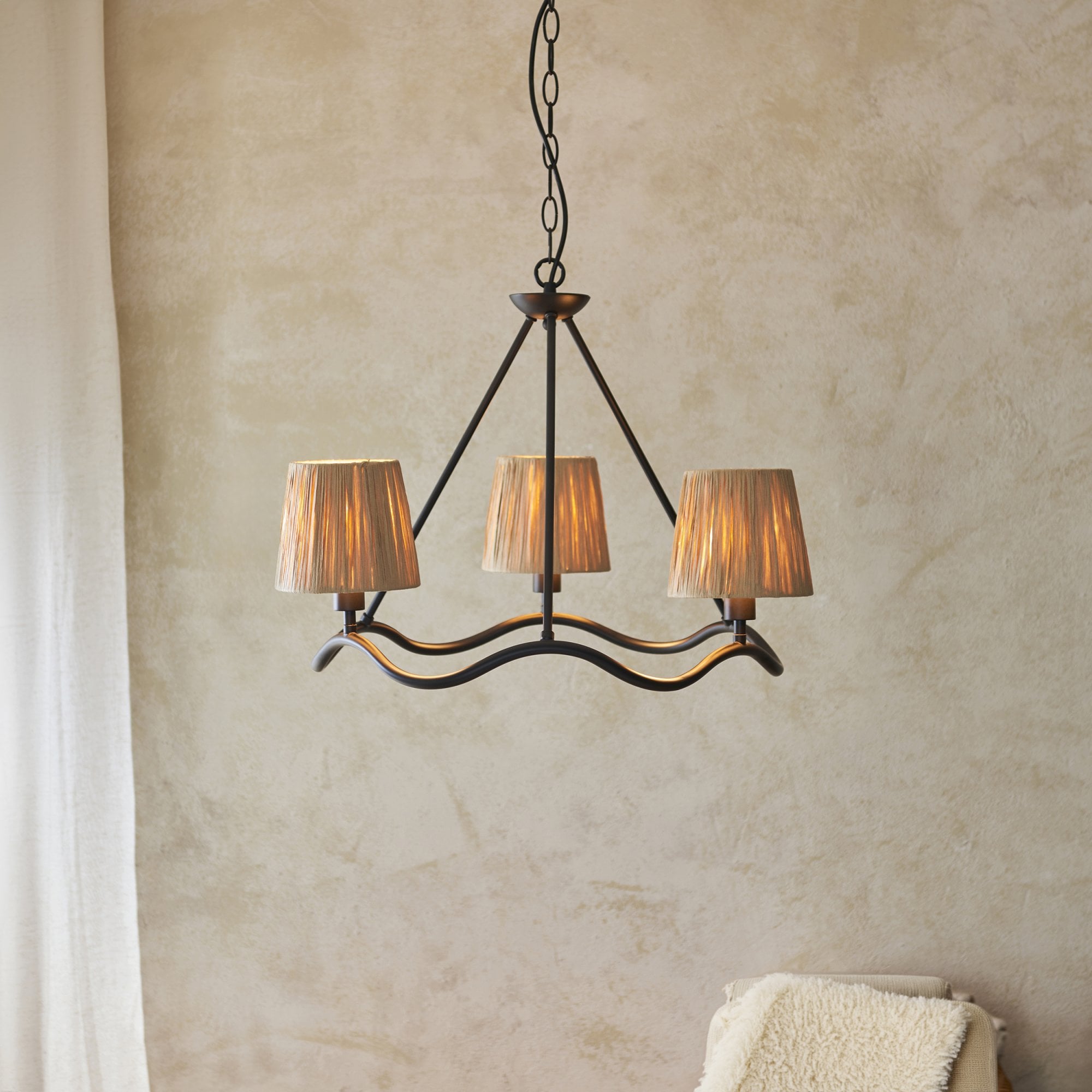 Endon Wriggle 3 Light Pendant - Matt Black & Natural Raffia