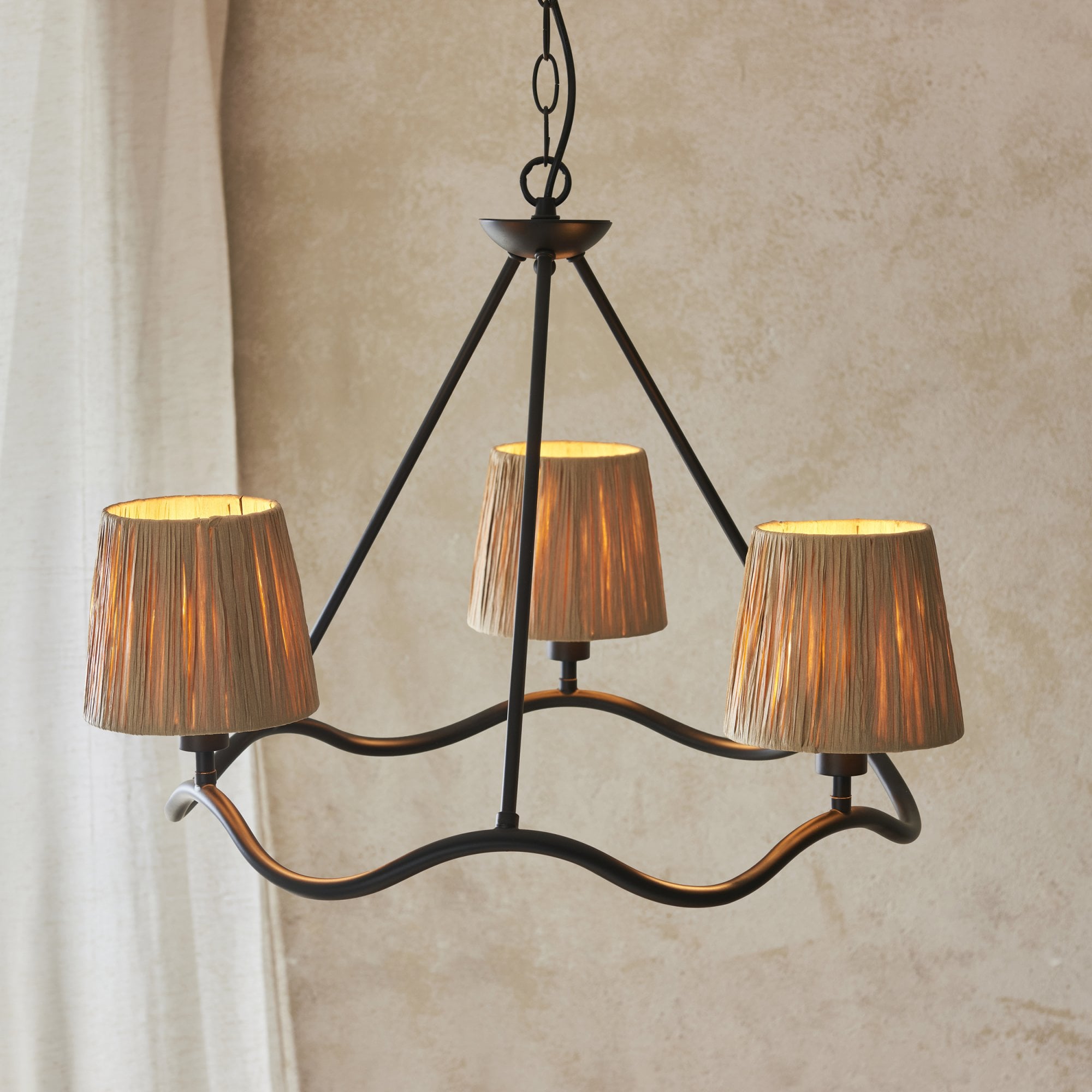 Endon Wriggle 3 Light Pendant - Matt Black & Natural Raffia