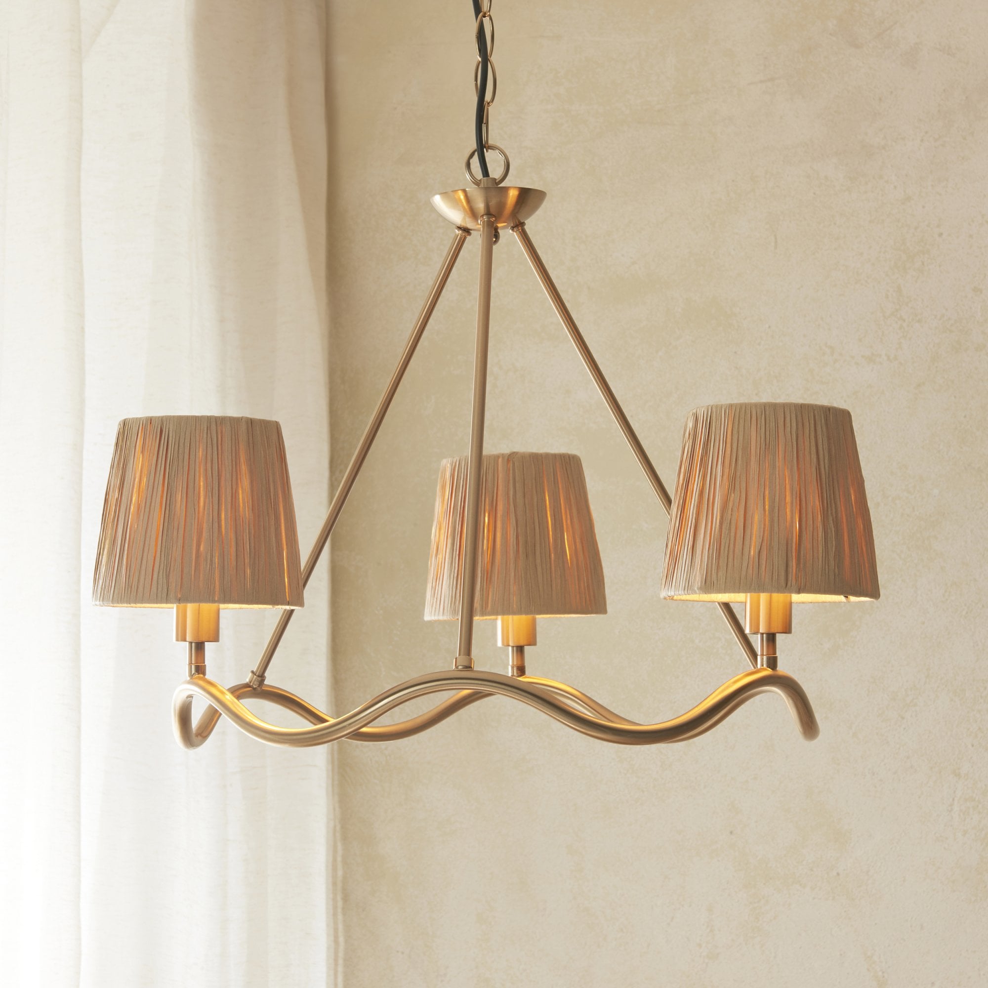 Endon Wriggle 3 Light Pendant - Brushed Aged Brass Plate & Natural Raffia