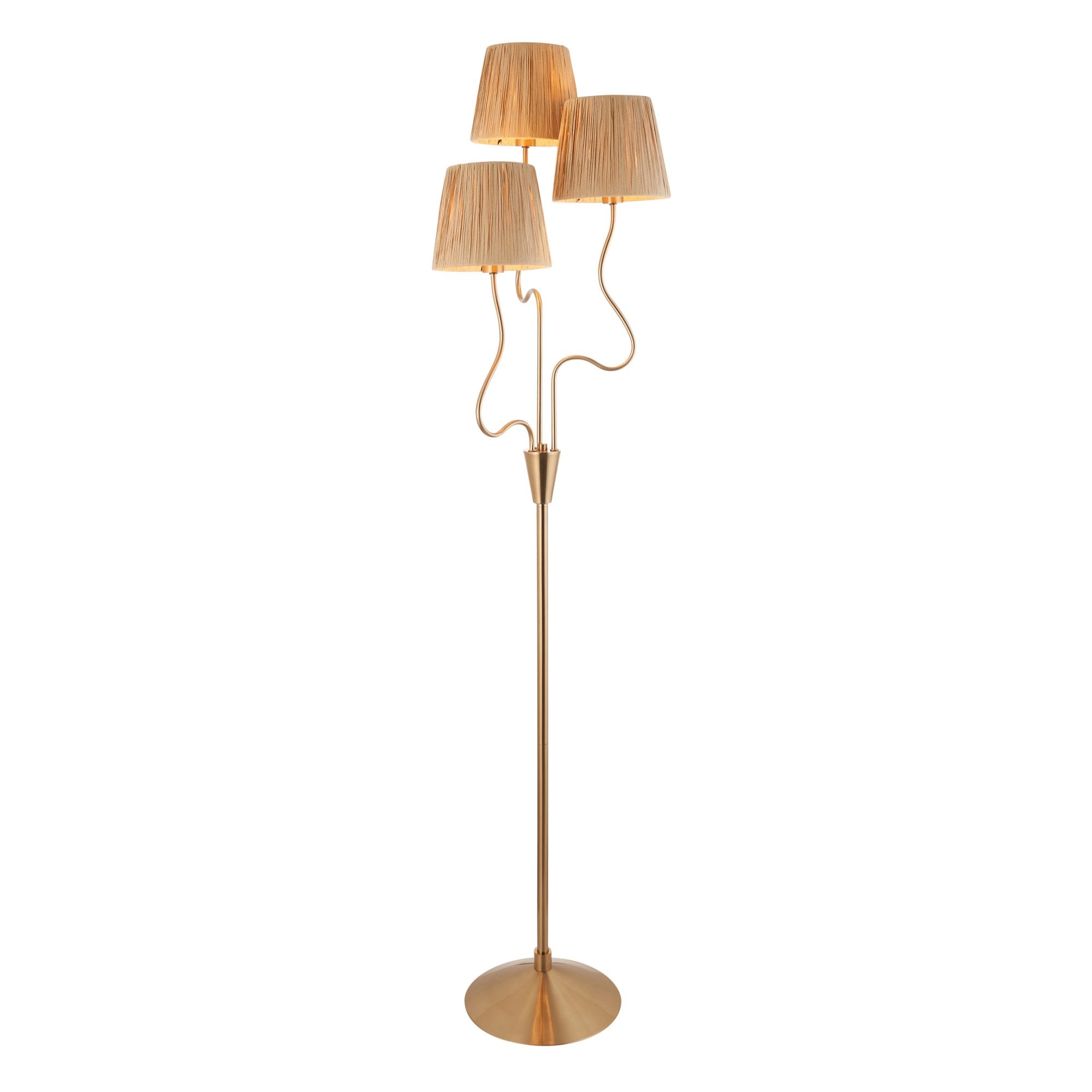 Endon Wriggle 3 Light Floor - Brushed Aged Brass Plate & Natural Raffia