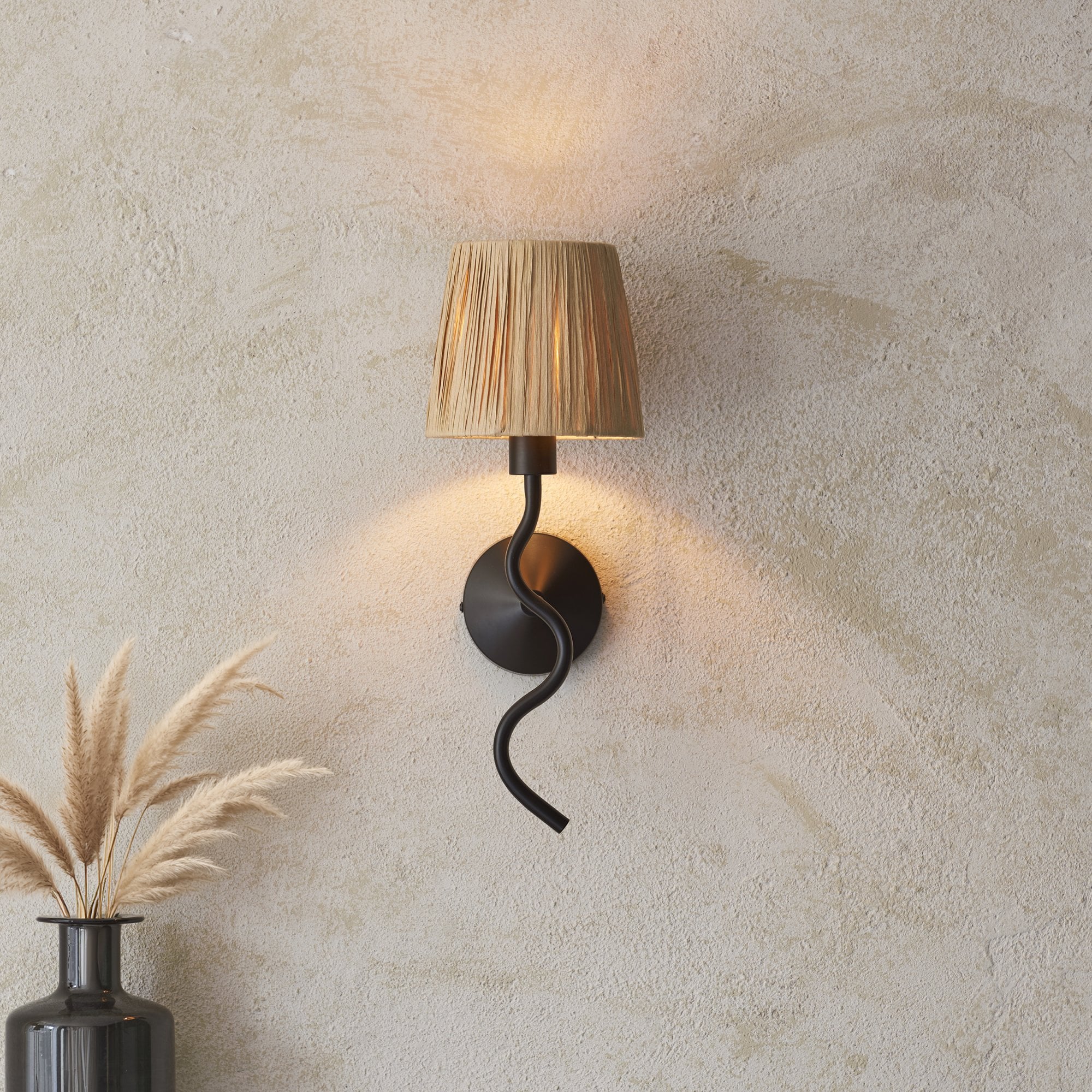 Endon Wriggle Single Light Wall - Matt Black & Natural Raffia