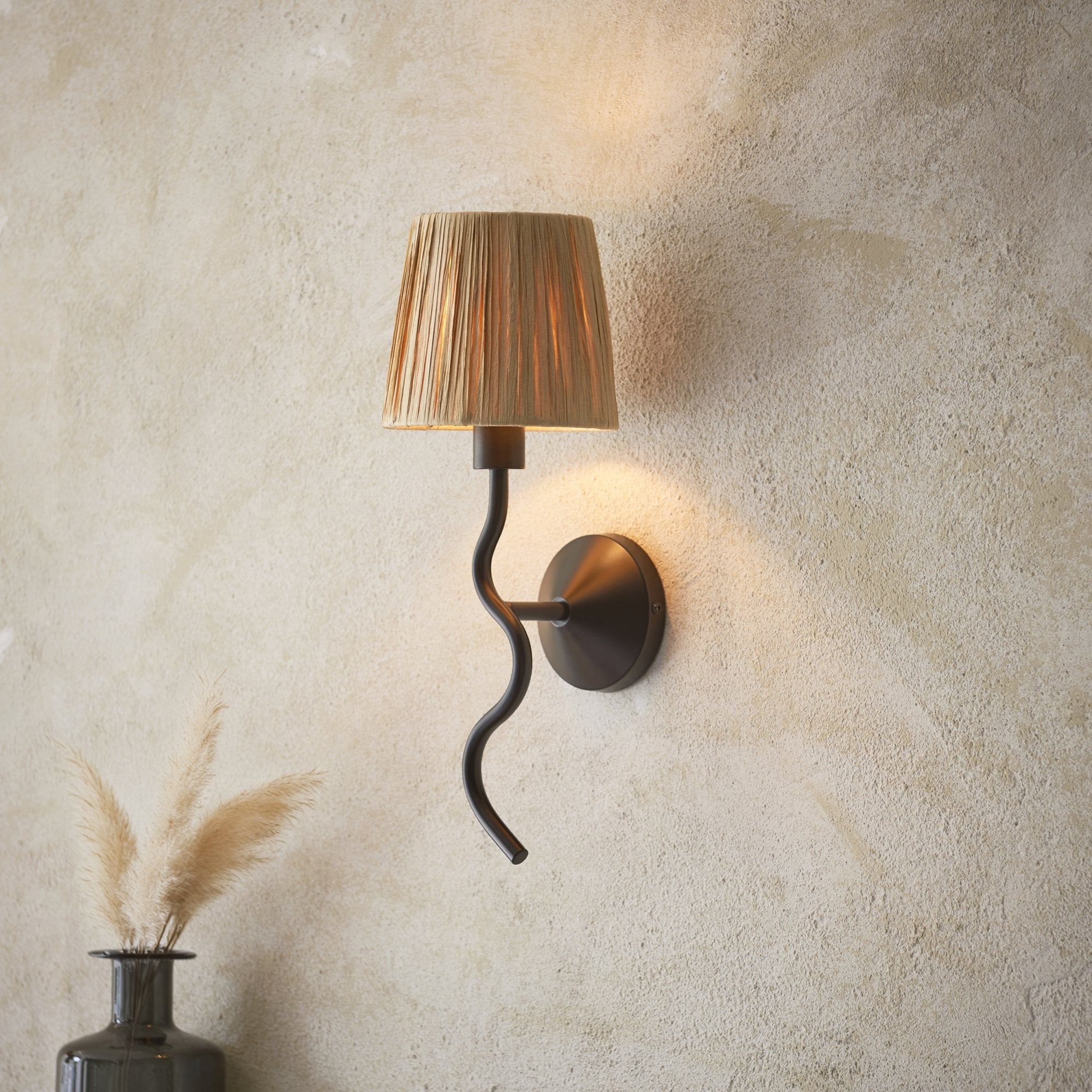 Endon Wriggle Single Light Wall - Matt Black & Natural Raffia