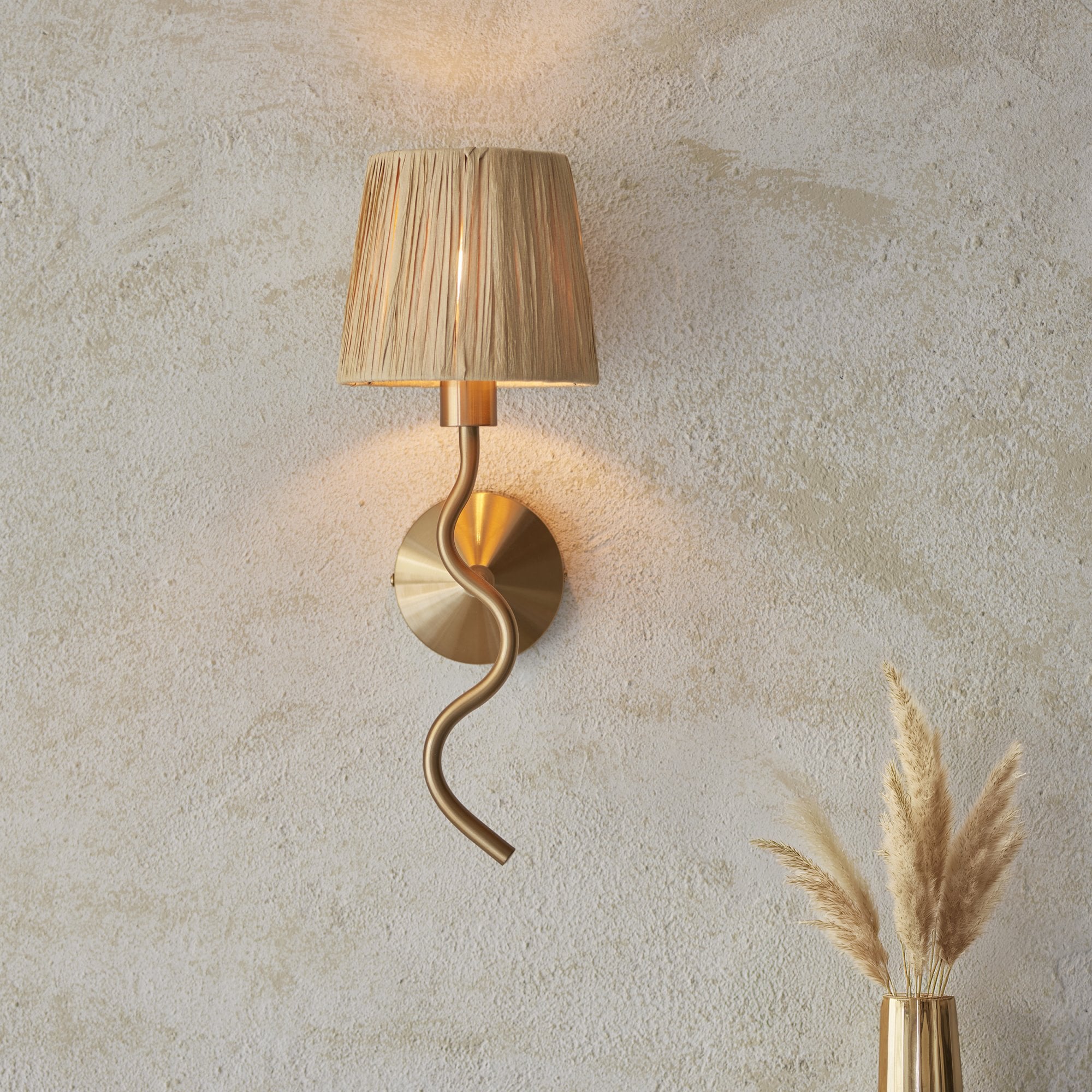 Endon Wriggle Single Light Wall - Brushed Aged Brass Plate & Natural Raffia