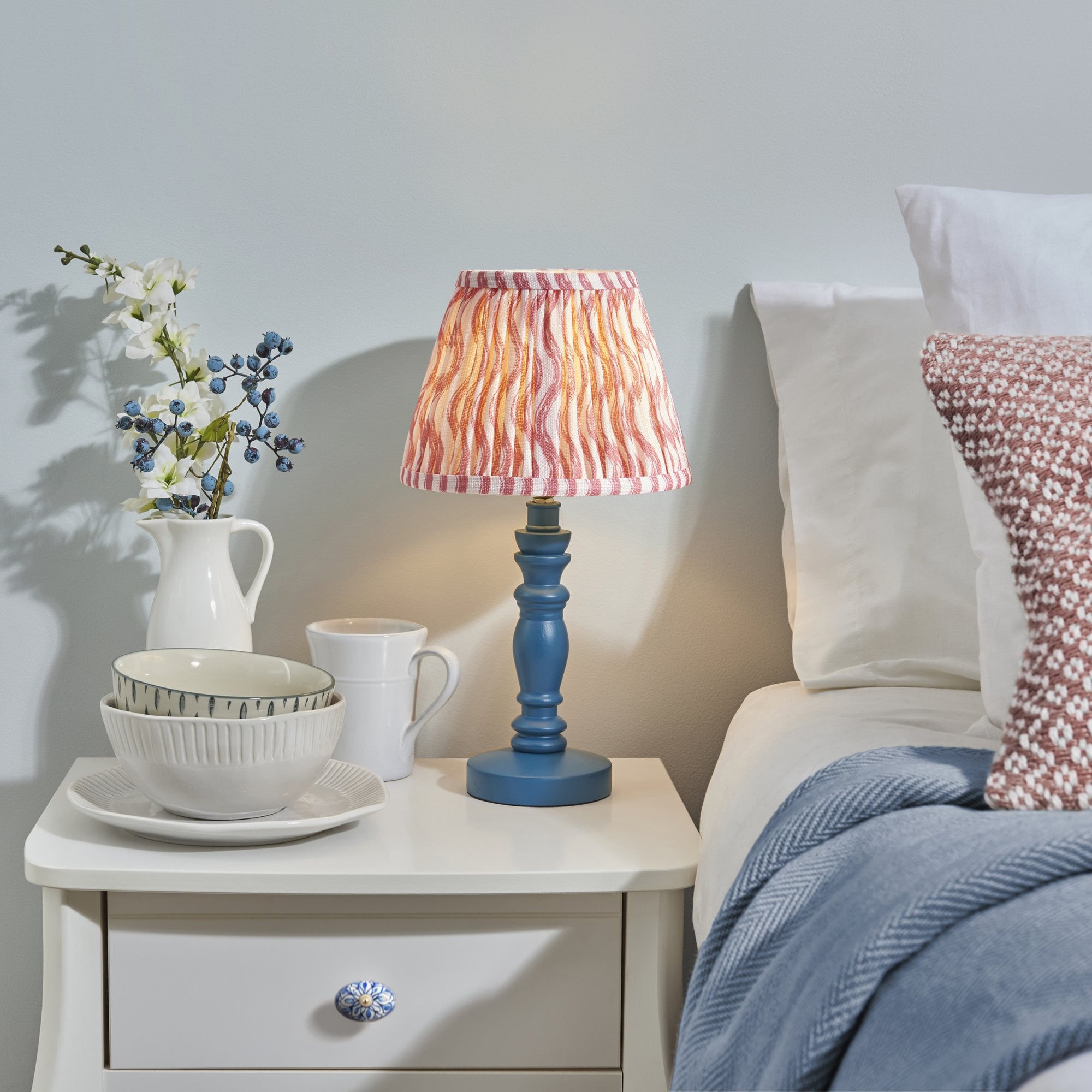 Endon Bibury Satin Marlin Blue Table Lamp & Ripple 20cm Coral Pink Shade