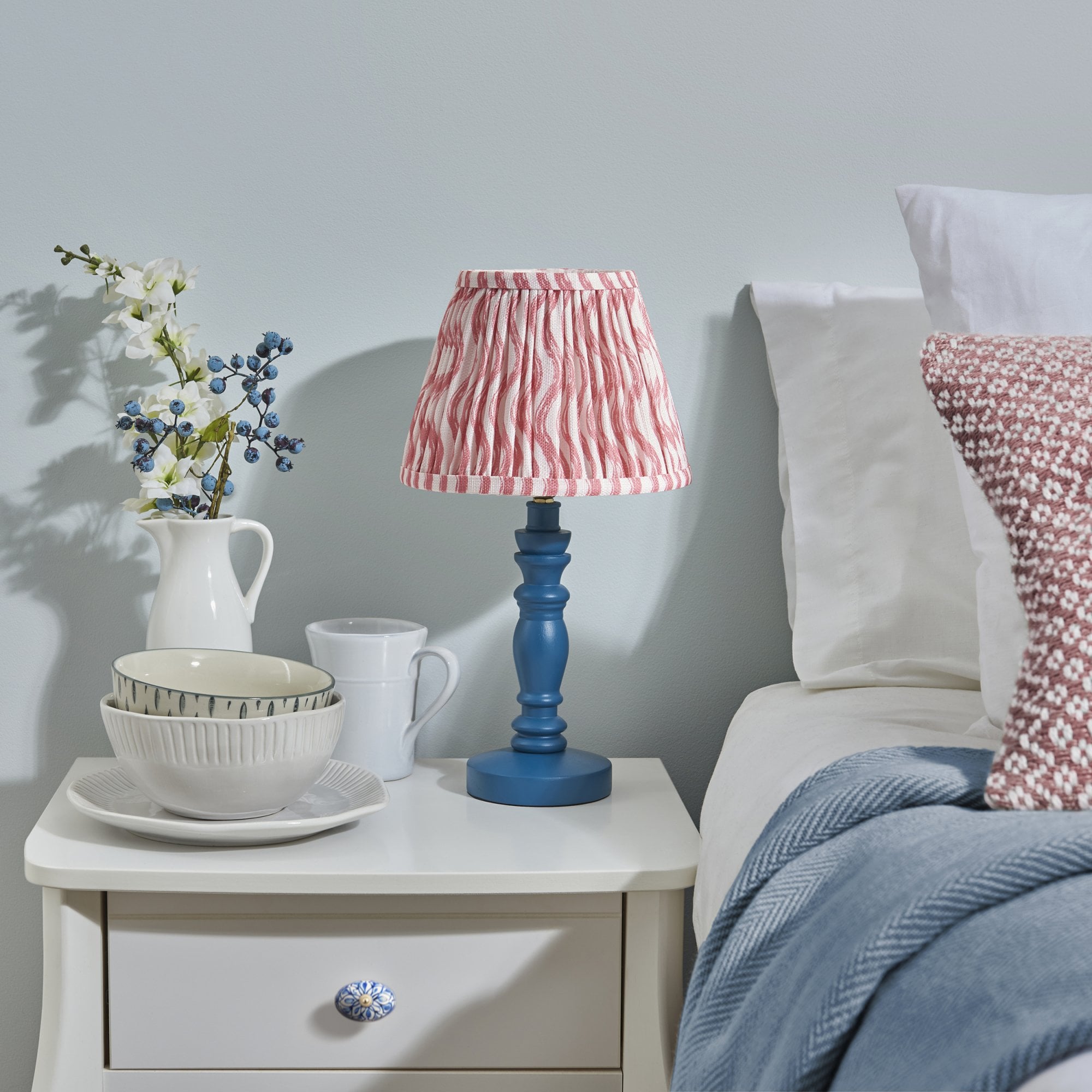 Endon Bibury Satin Marlin Blue Table Lamp & Ripple 20cm Coral Pink Shade