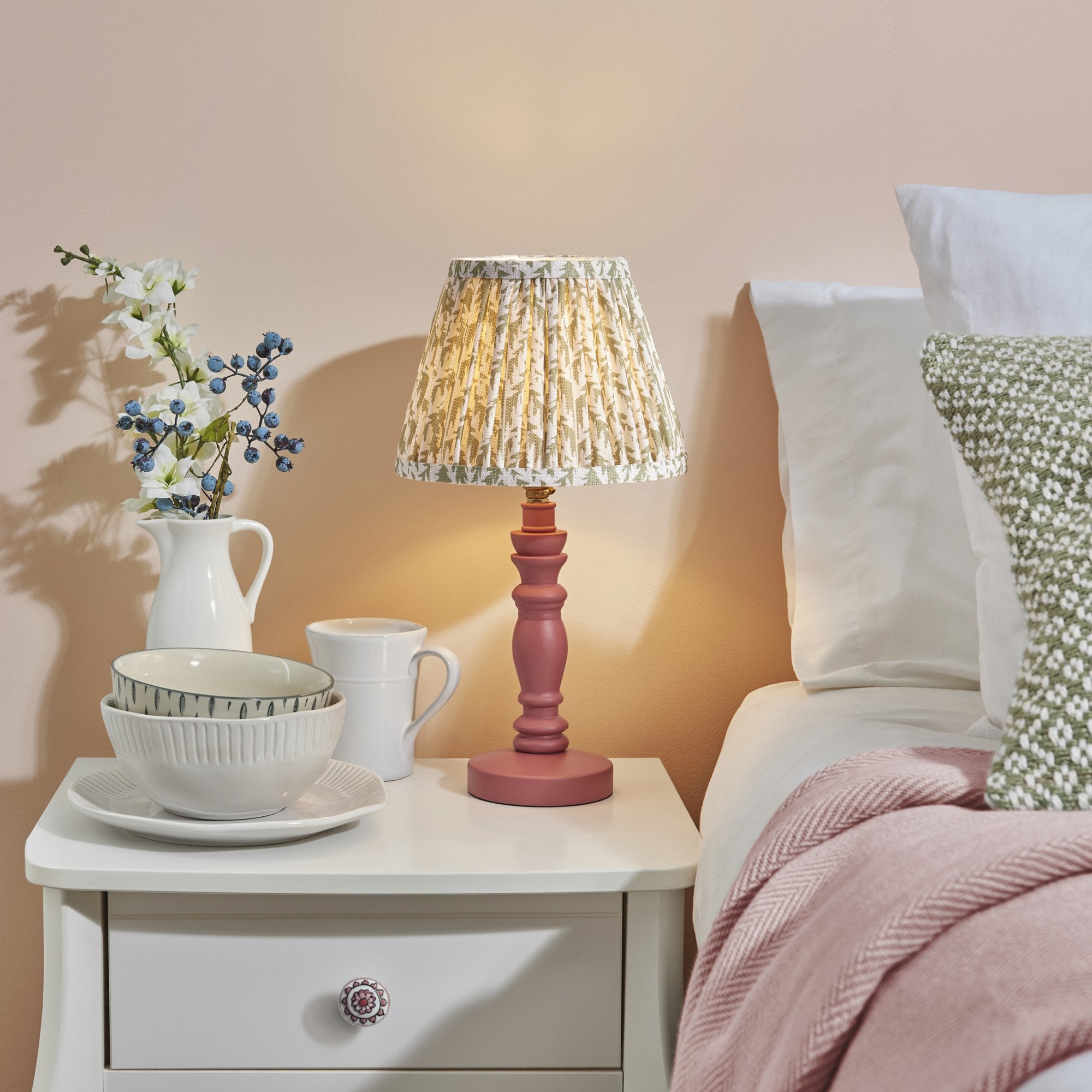Endon Bibury Satin Pink Clay Table Lamp & Leaf 20cm Herb Garden Green Shade
