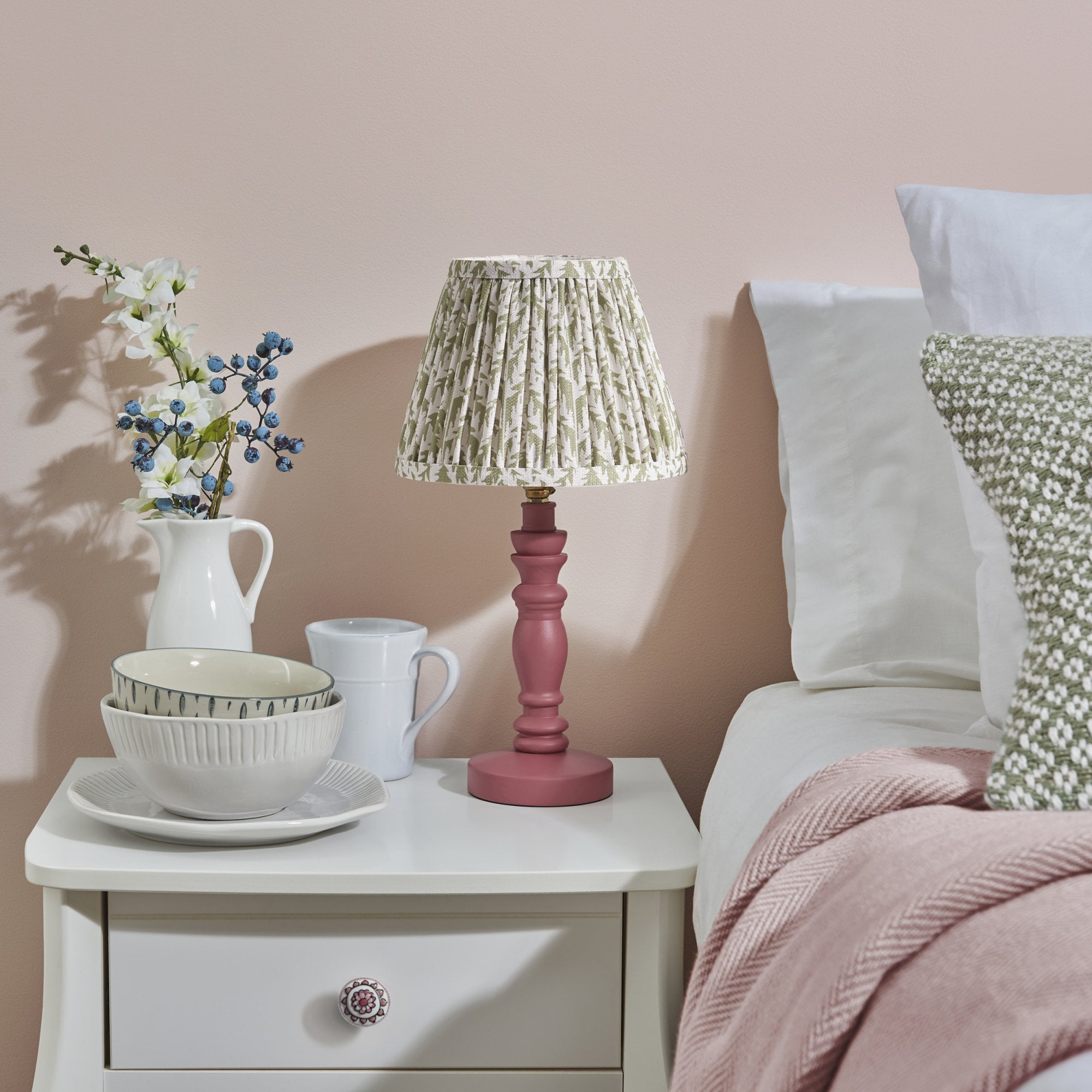 Endon Bibury Satin Pink Clay Table Lamp & Leaf 20cm Herb Garden Green Shade