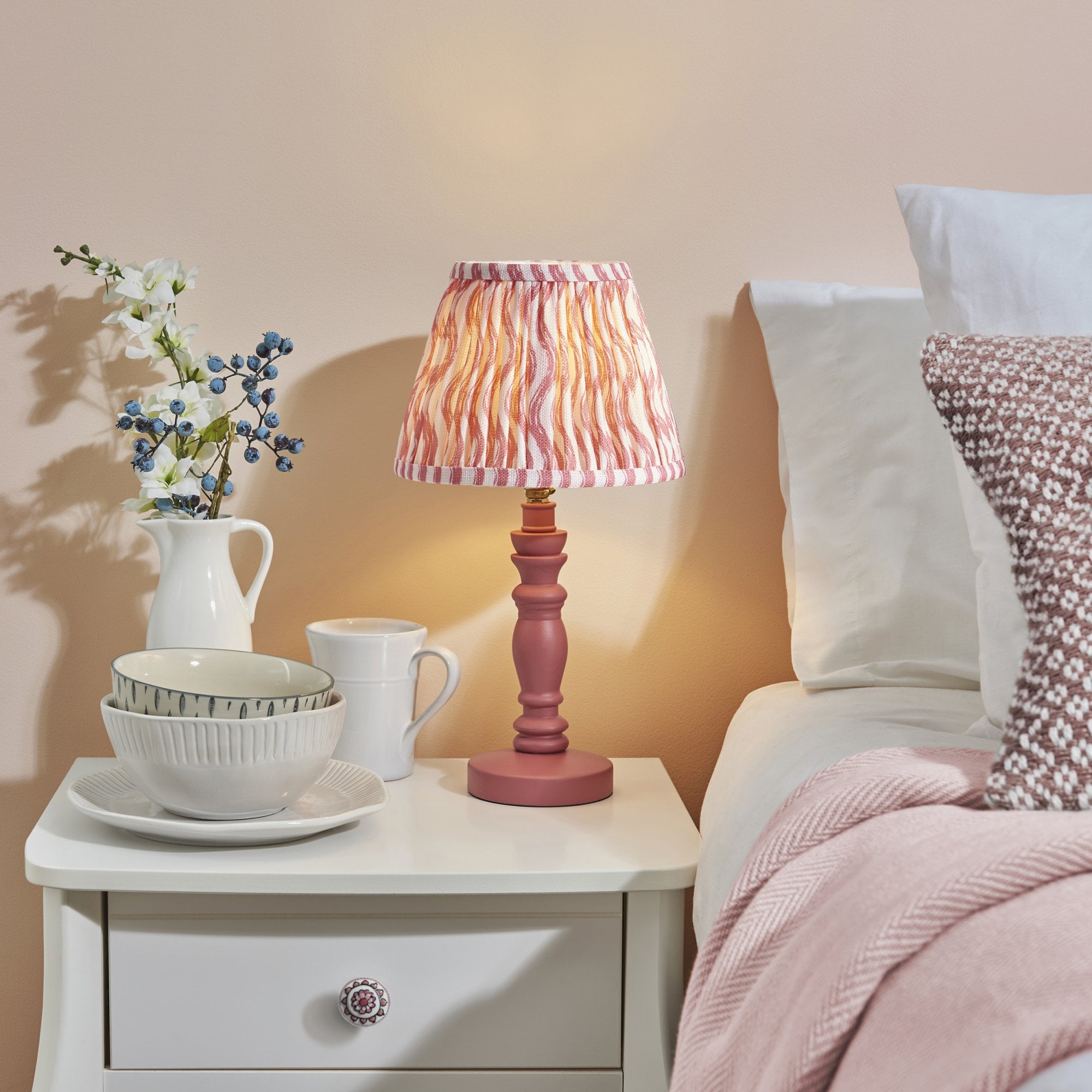 Endon Bibury Satin Pink Clay Table Lamp & Ripple 20cm Coral Pink Shade