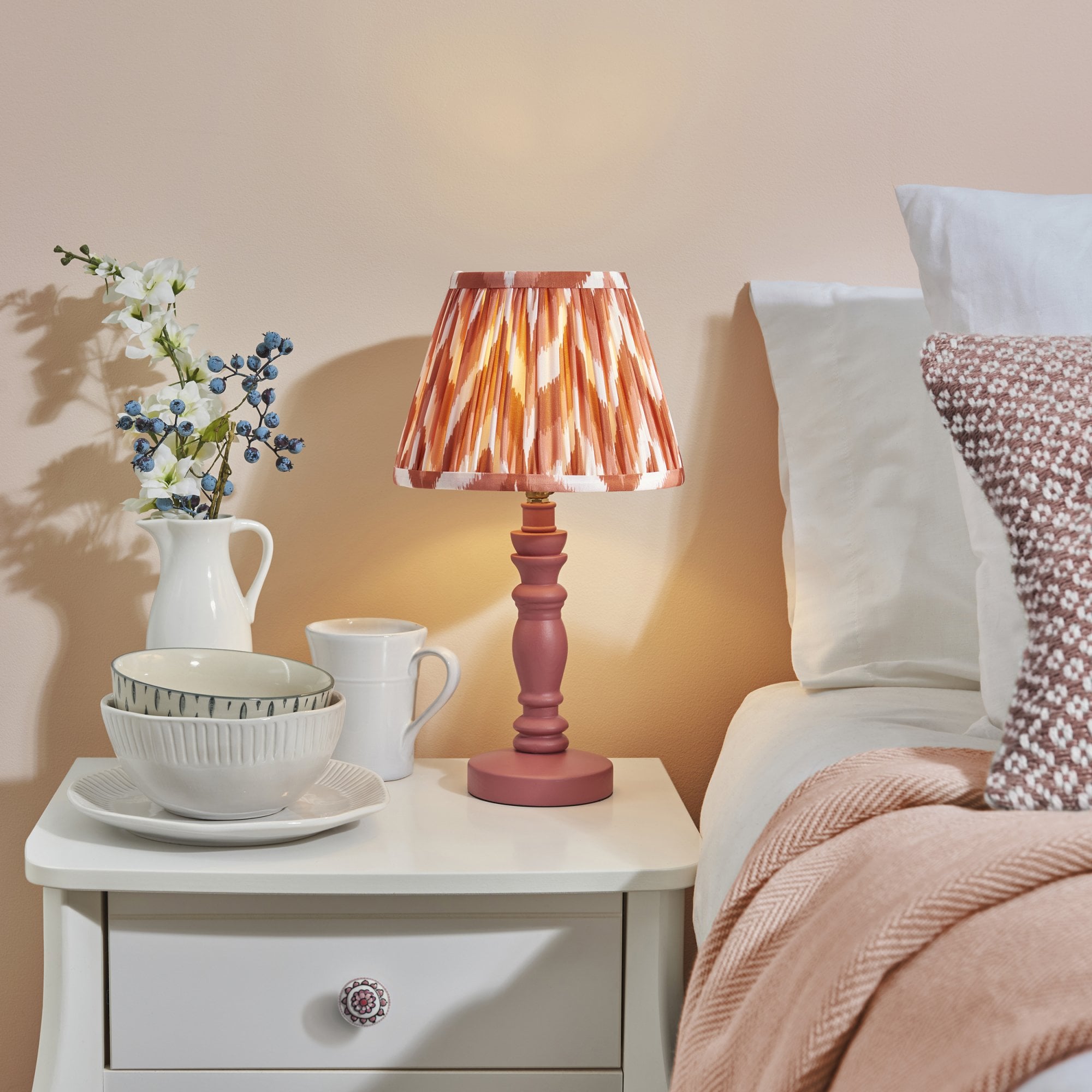 Endon Bibury Satin Pink Clay Table Lamp & Zigzag 20cm Apricot Orange Shade