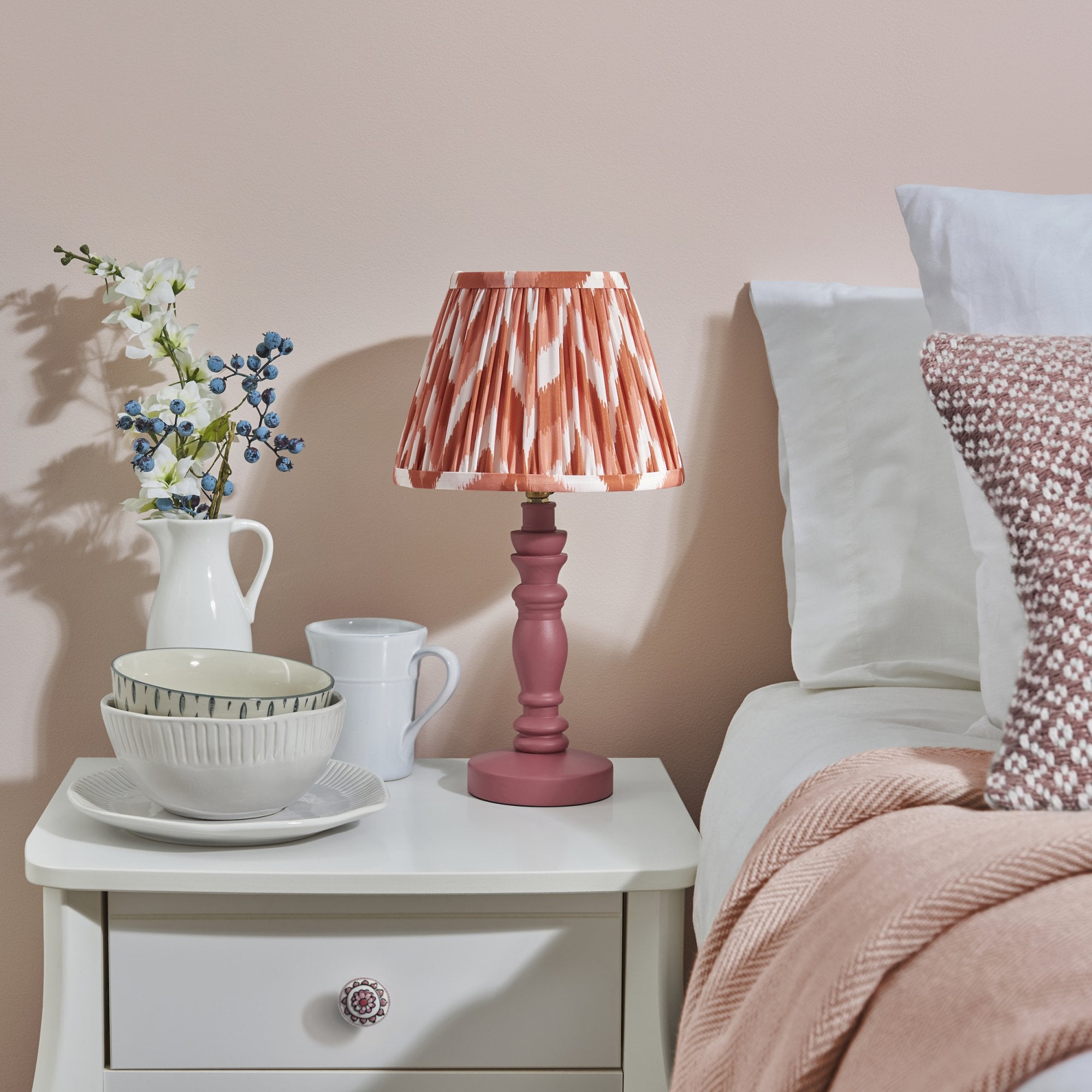 Endon Bibury Satin Pink Clay Table Lamp & Zigzag 20cm Apricot Orange Shade