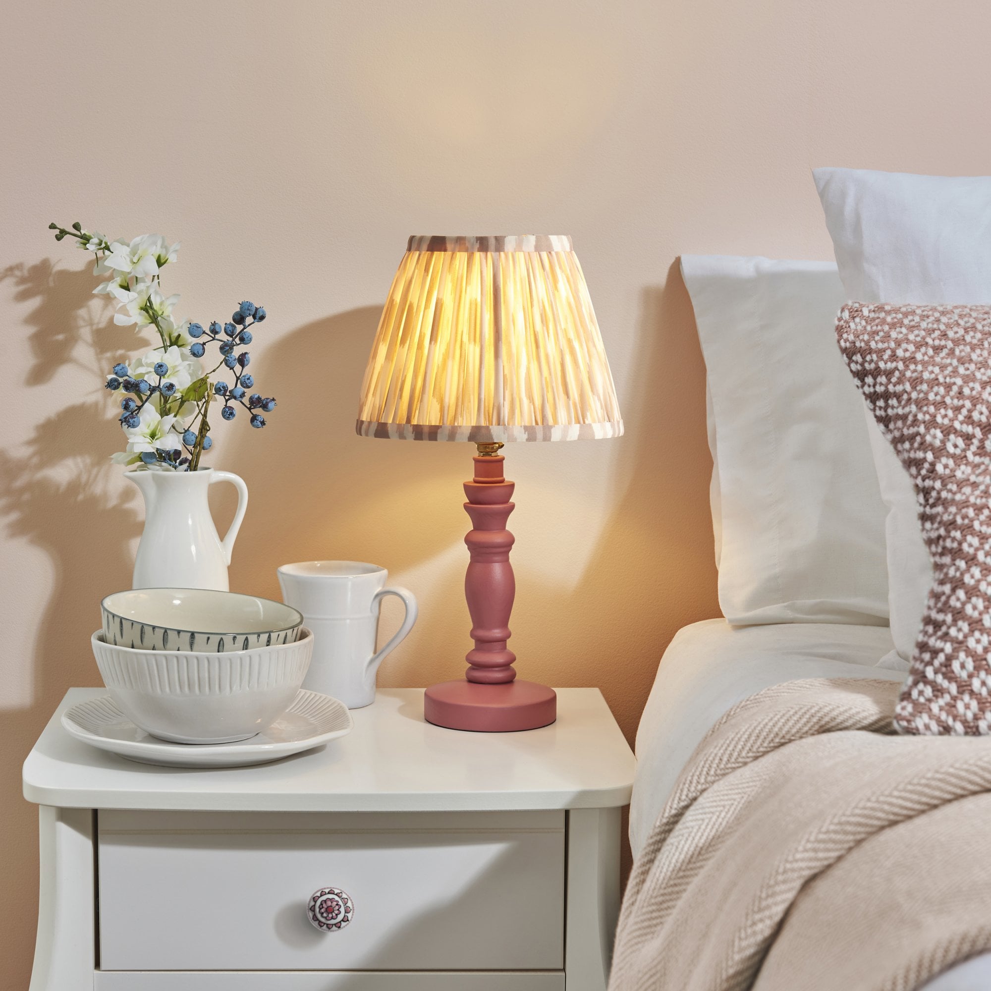 Endon Bibury Satin Pink Clay Table Lamp & Ikat 20cm Neutral Shade
