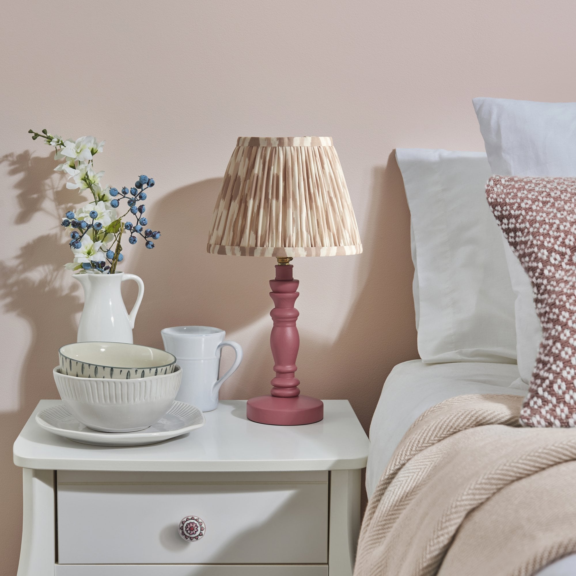 Endon Bibury Satin Pink Clay Table Lamp & Ikat 20cm Neutral Shade