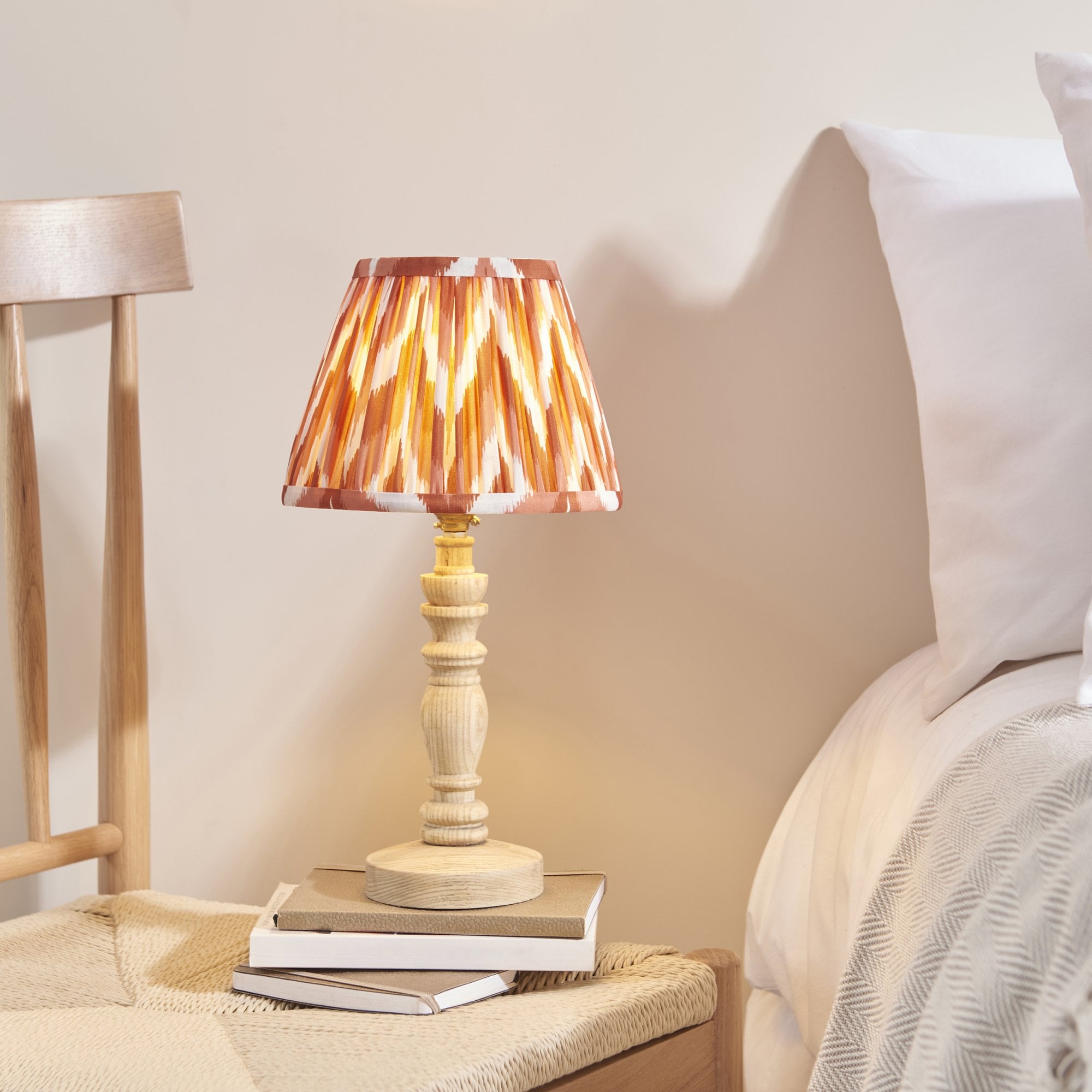 Endon Bibury Natural Ash Wood Table Lamp & Zigzag 20cm Apricot Orange Shade