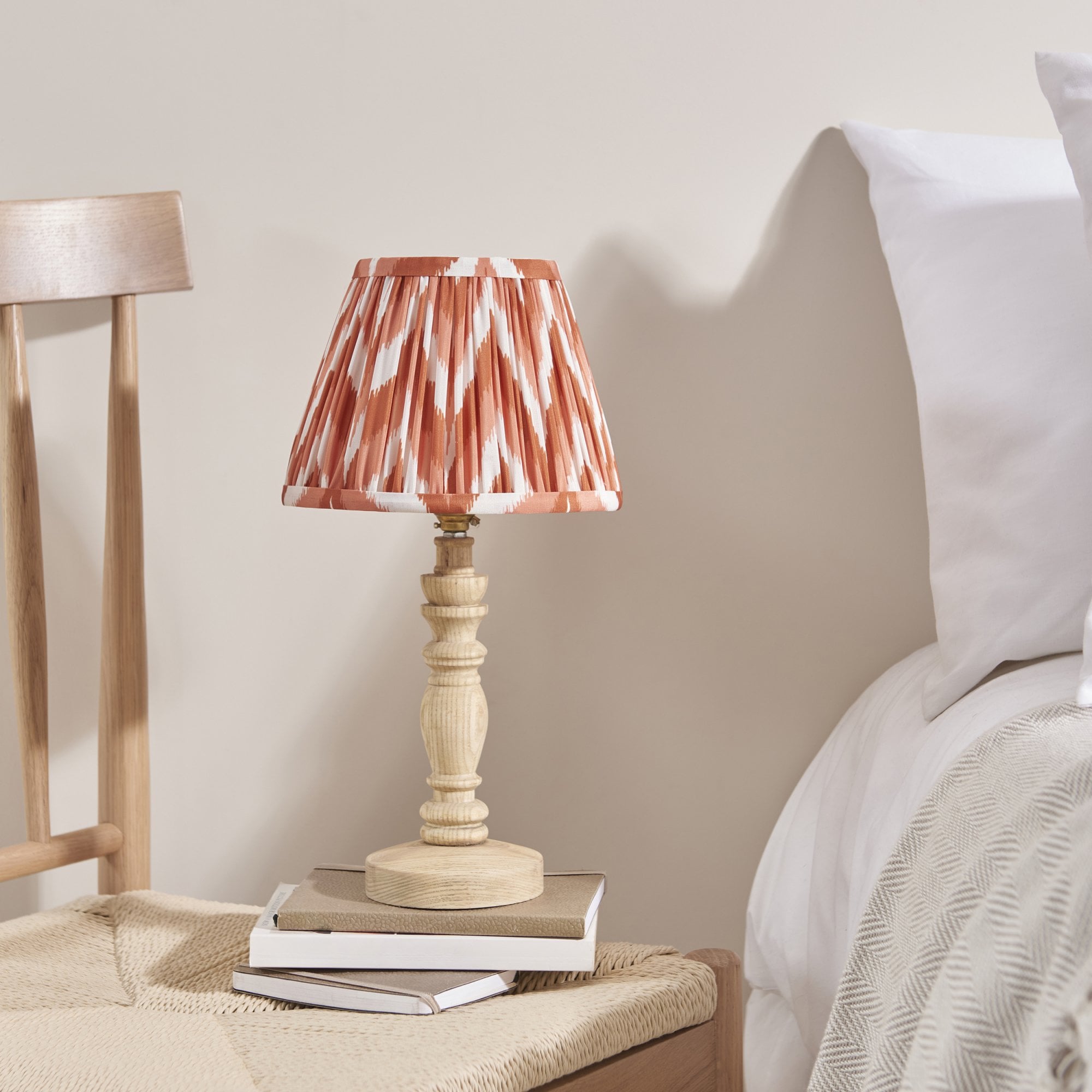 Endon Bibury Natural Ash Wood Table Lamp & Zigzag 20cm Apricot Orange Shade