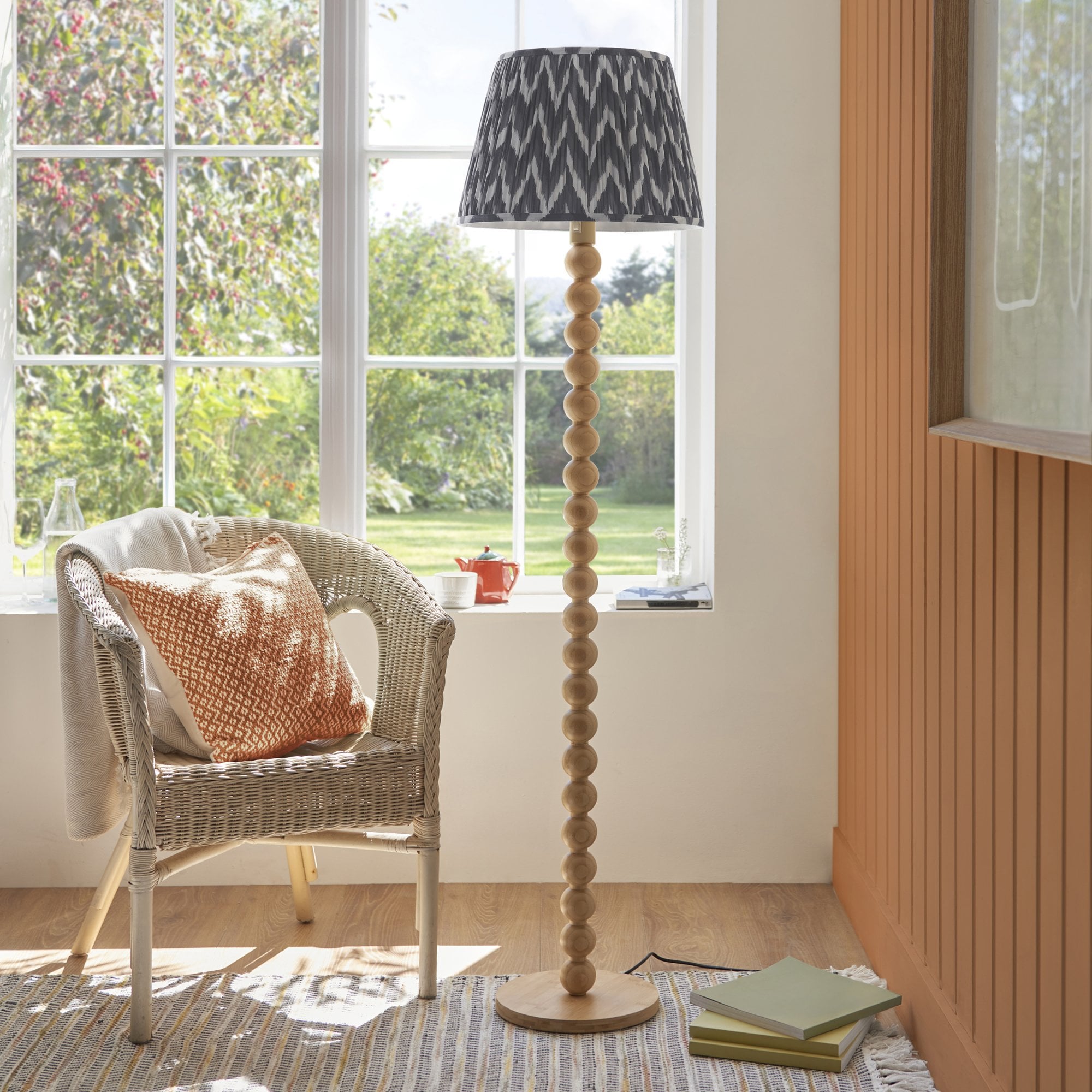 Endon Cane Floor Lamp & Zigzag 40cm Pearl Grey Shade