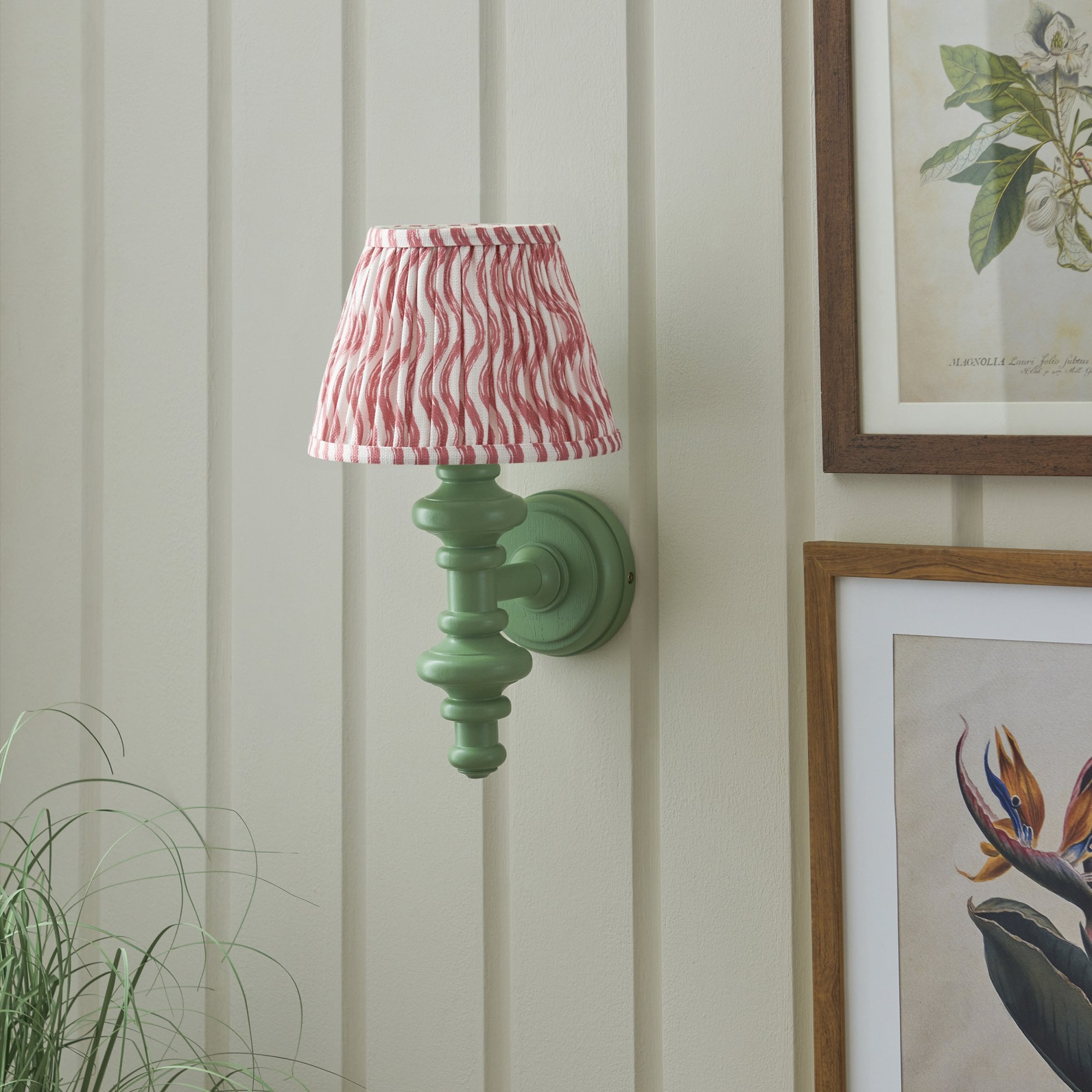 Endon Carnaby Satin Cotswold Green Wall Light & Ripple 20cm Coral Pink Shade