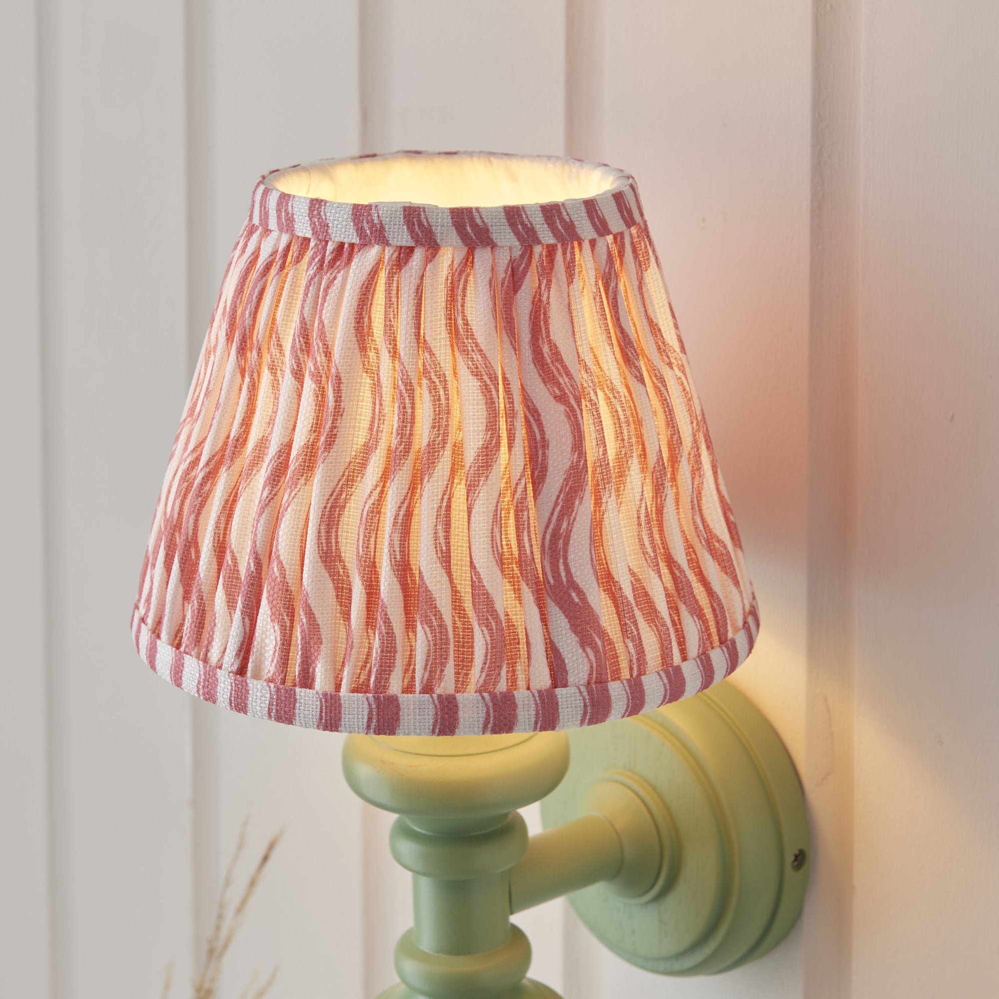 Endon Carnaby Satin Cotswold Green Wall Light & Ripple 20cm Coral Pink Shade