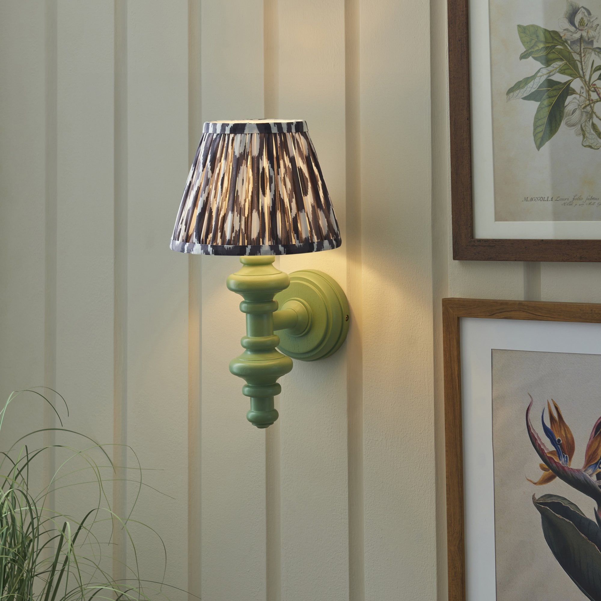 Endon Carnaby Satin Cotswold Green Wall Light & Ikat 20cm Pearl Grey Shade