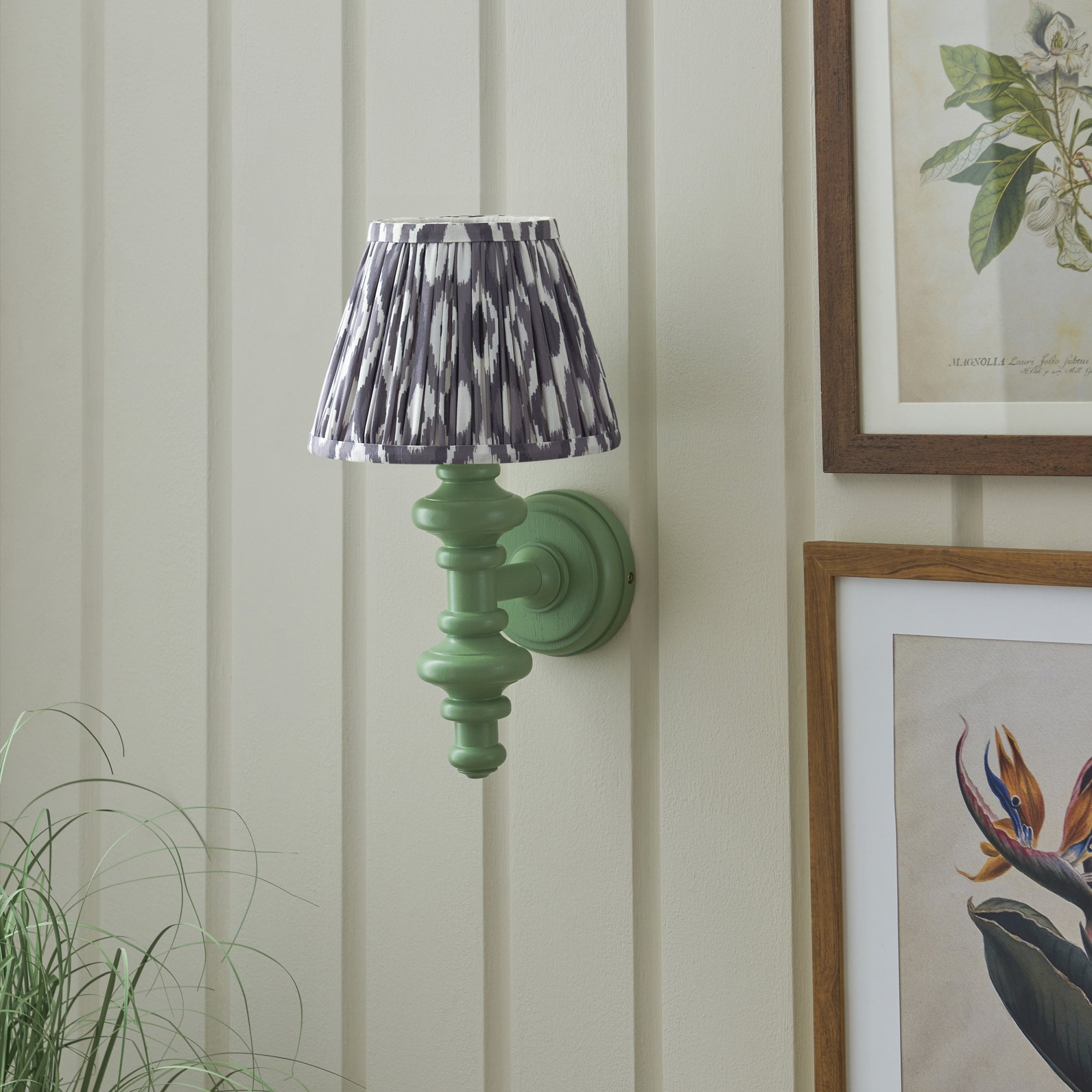Endon Carnaby Satin Cotswold Green Wall Light & Ikat 20cm Pearl Grey Shade