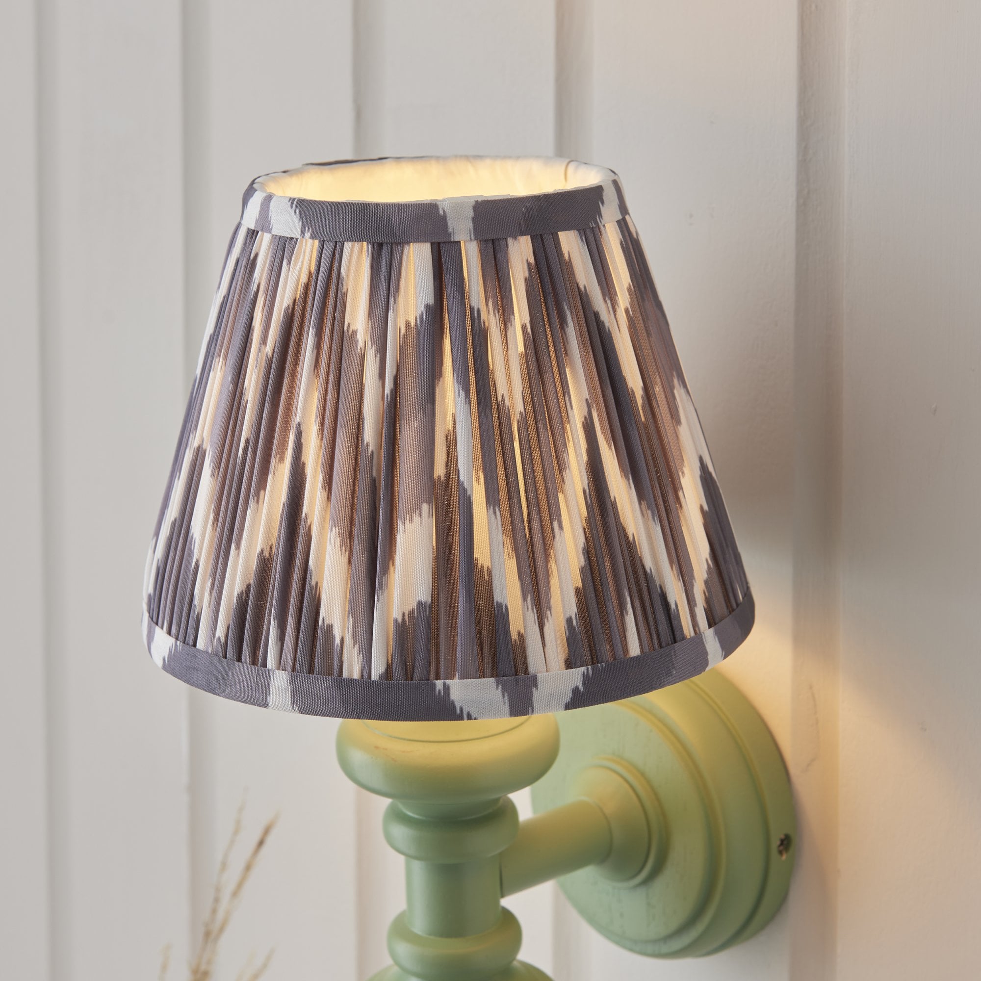 Endon Carnaby Satin Cotswold Green Wall Light & Ikat 20cm Pearl Grey Shade