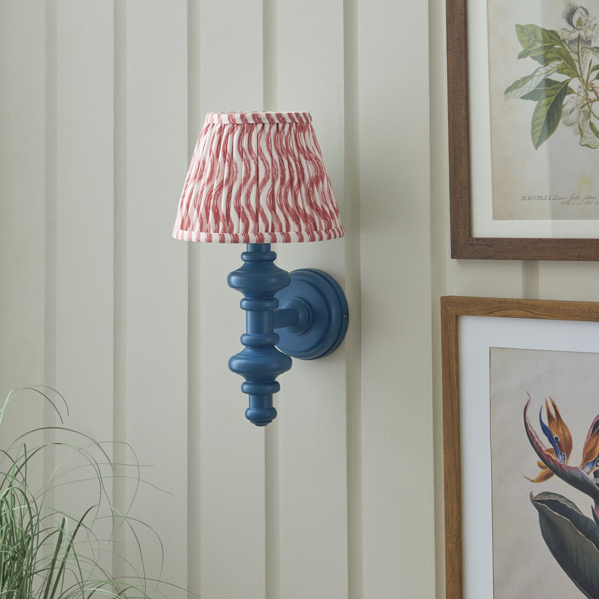 Endon Carnaby Satin Marlin Blue Wall Light & Ripple 20cm Coral Pink Shade