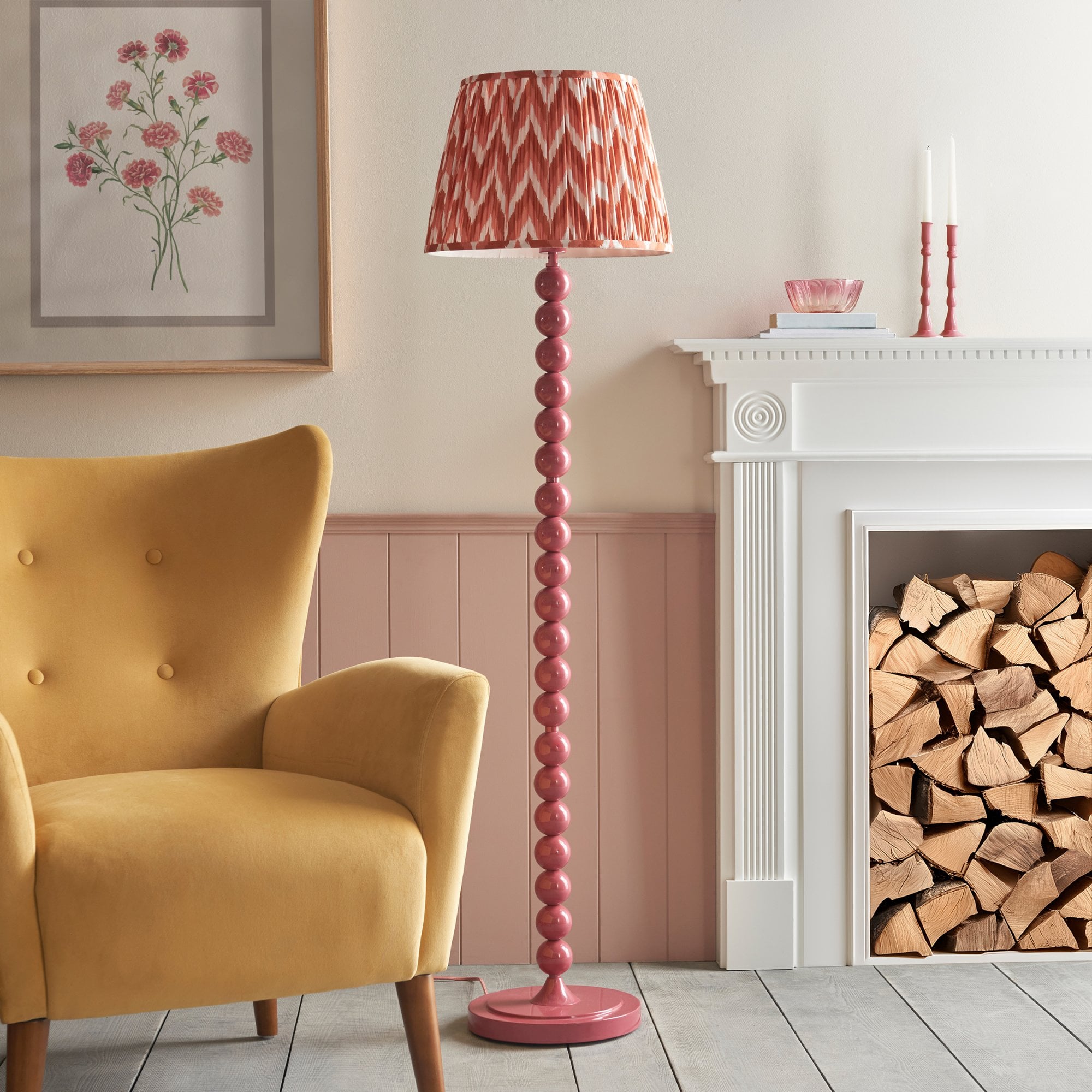 Endon Higgledy Gloss Pink Clay Floor Lamp & Zigzag 40cm Apricot Orange Shade