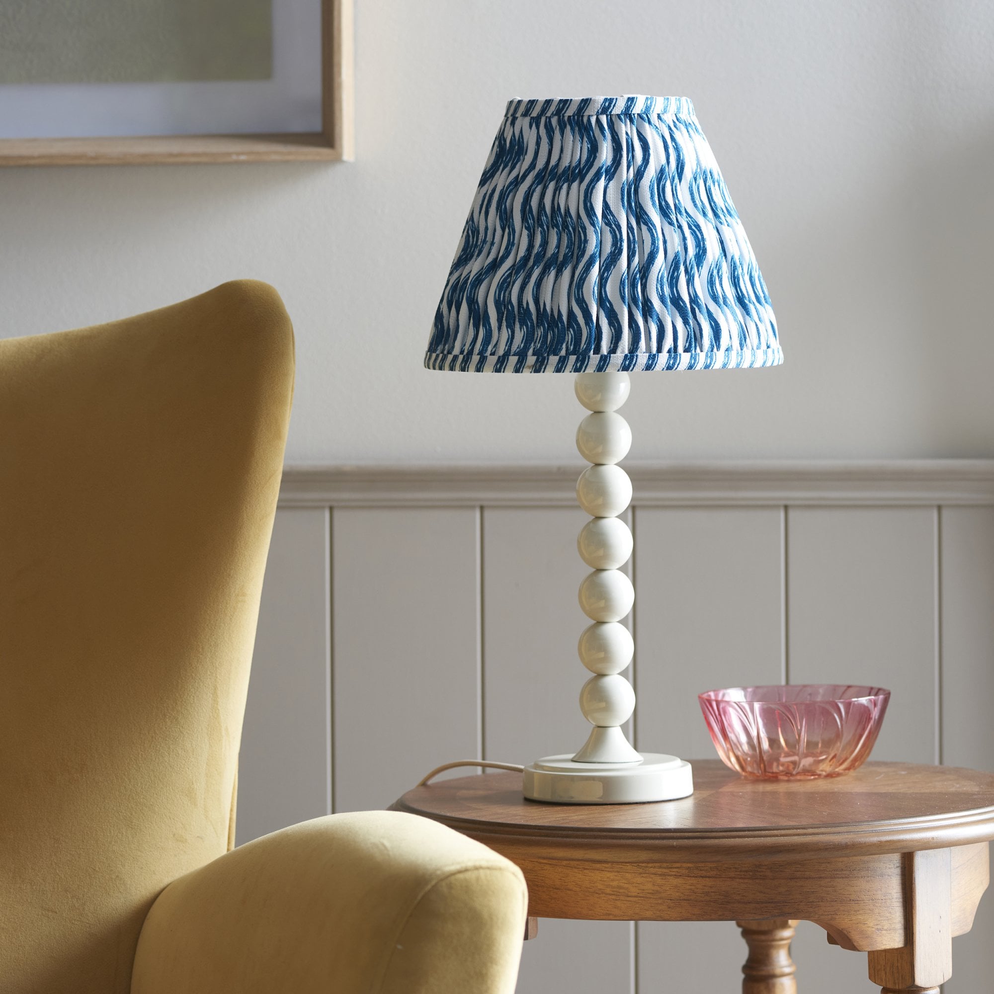 Endon Higgledy Gloss Almond White Table Lamp & Ripple 25cm Marlin Blue Shade