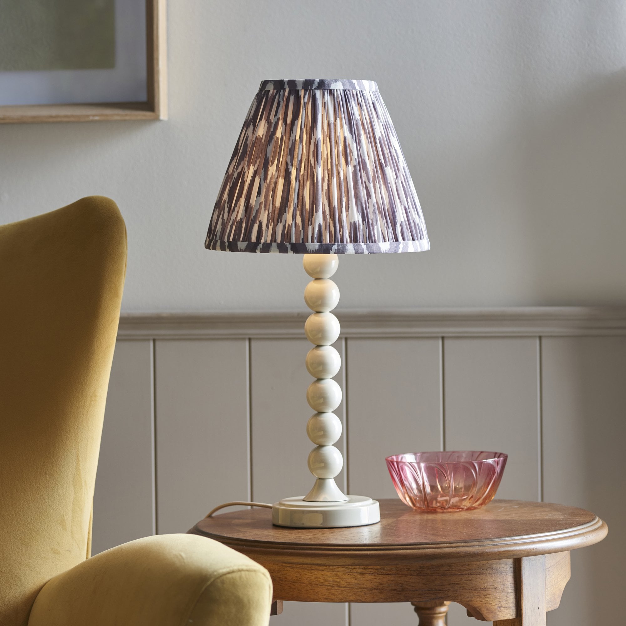 Endon Higgledy Gloss Almond White Table Lamp & Ikat 25cm Pearl Grey Shade