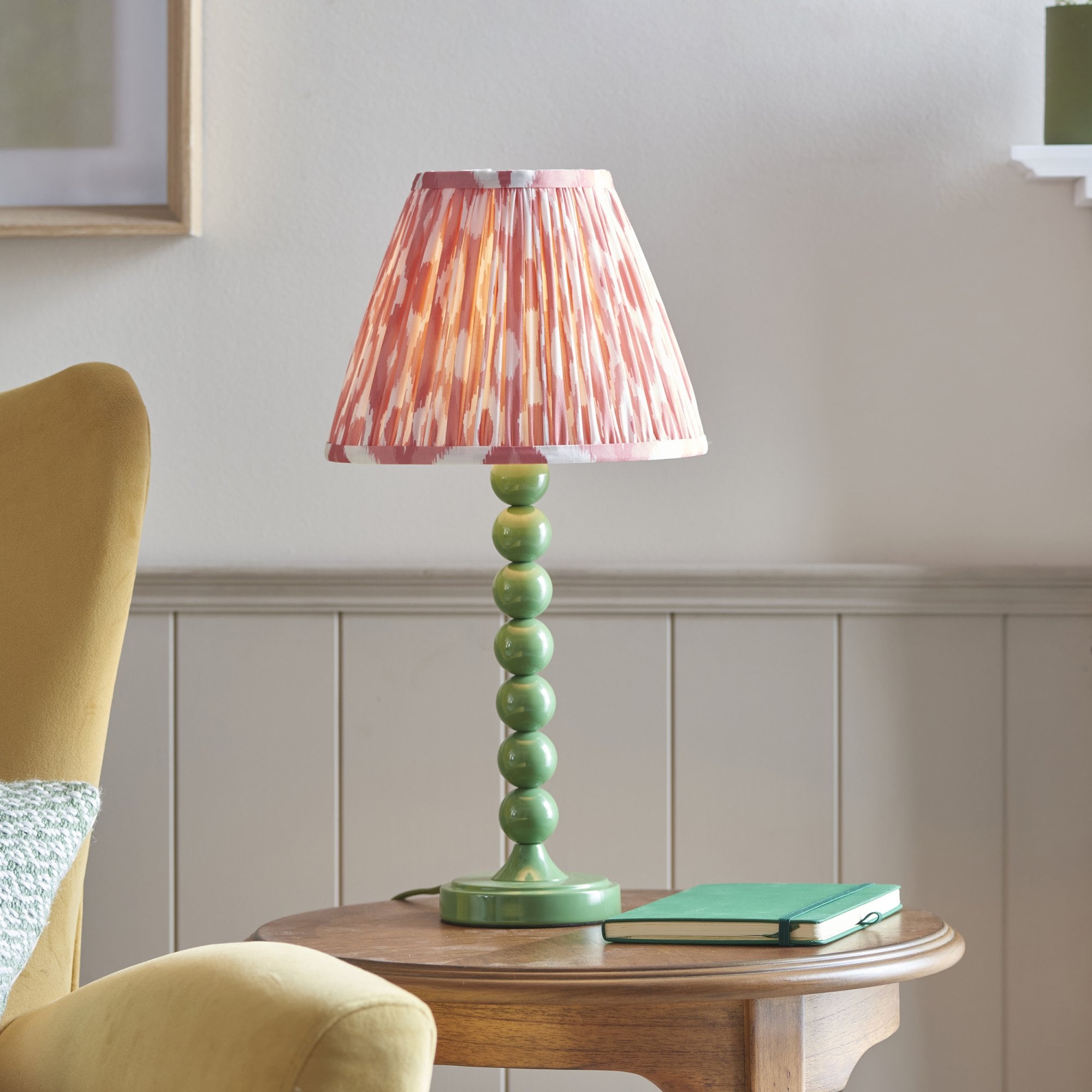 Endon Higgledy Gloss Cotswold Green Table Lamp & Ikat 25cm Coral Pink Shade
