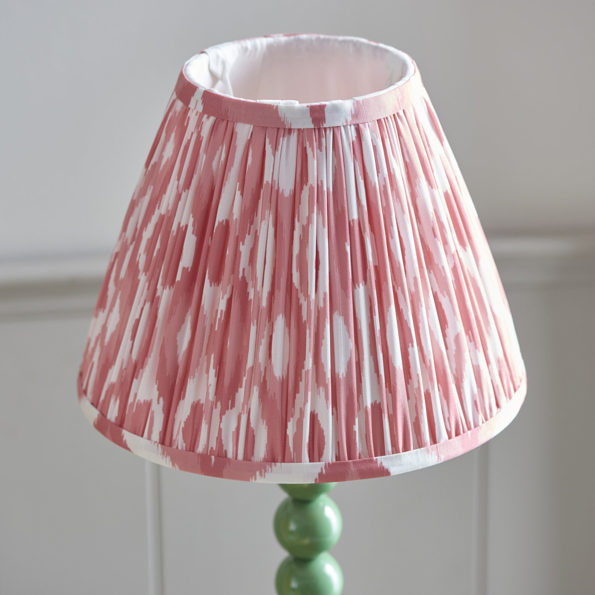 Endon Higgledy Gloss Cotswold Green Table Lamp & Ikat 25cm Coral Pink Shade