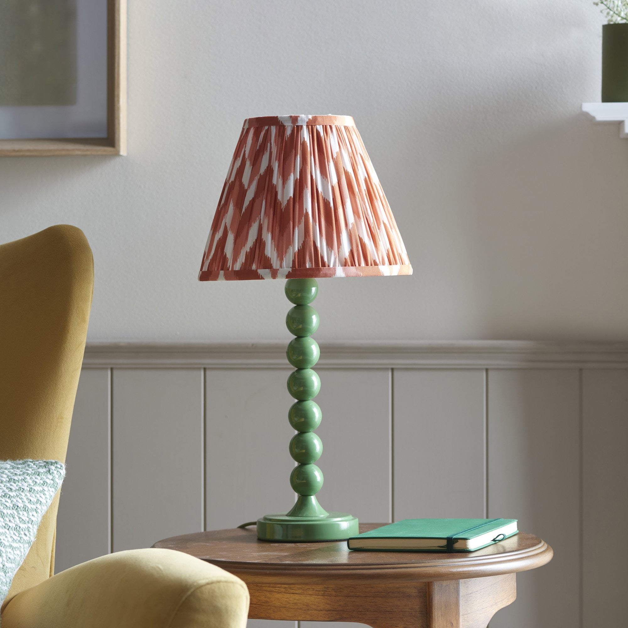 Endon Higgledy Gloss Cotswold Green Table Lamp & Zigzag 25cm Apricot Orange Shade