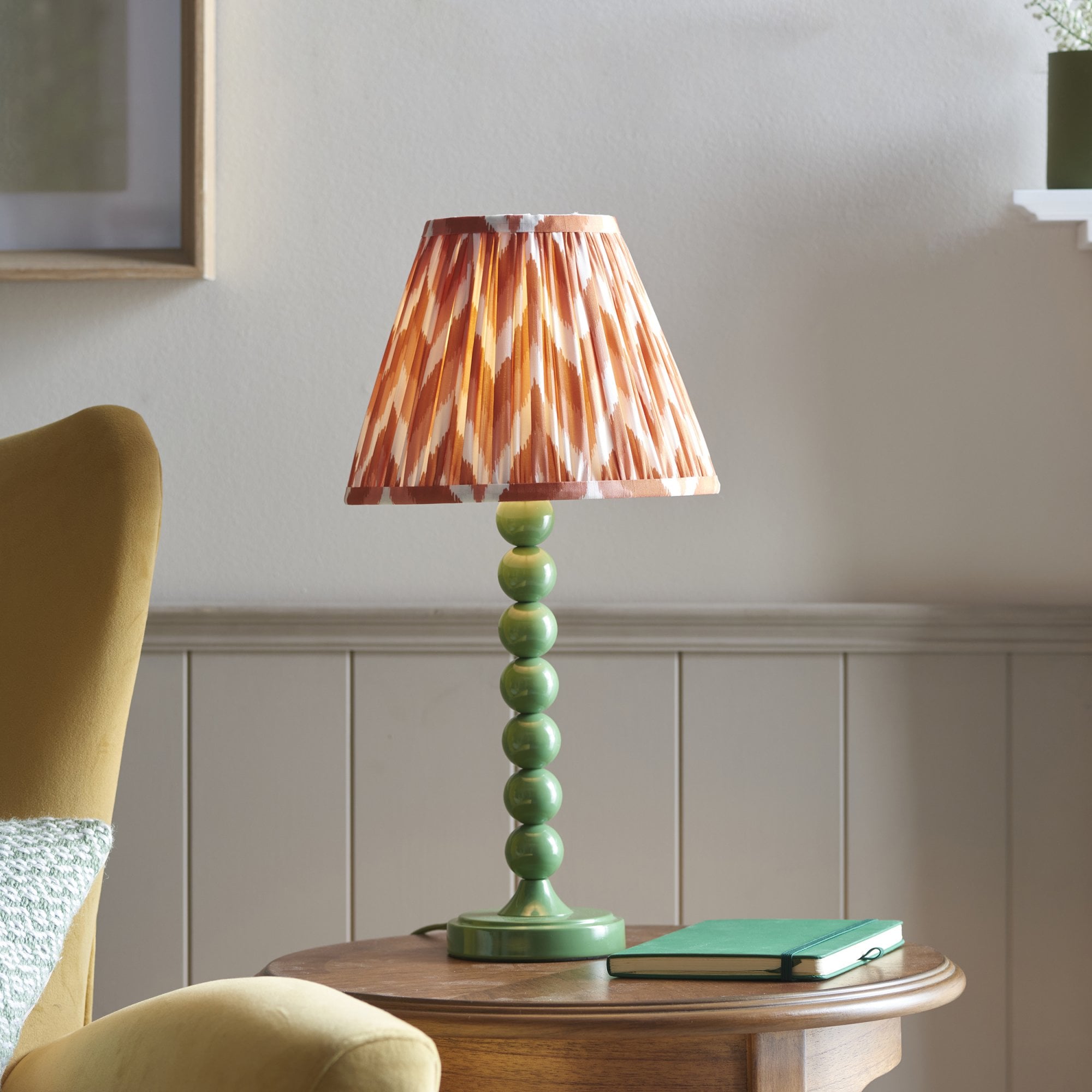 Endon Higgledy Gloss Cotswold Green Table Lamp & Zigzag 25cm Apricot Orange Shade