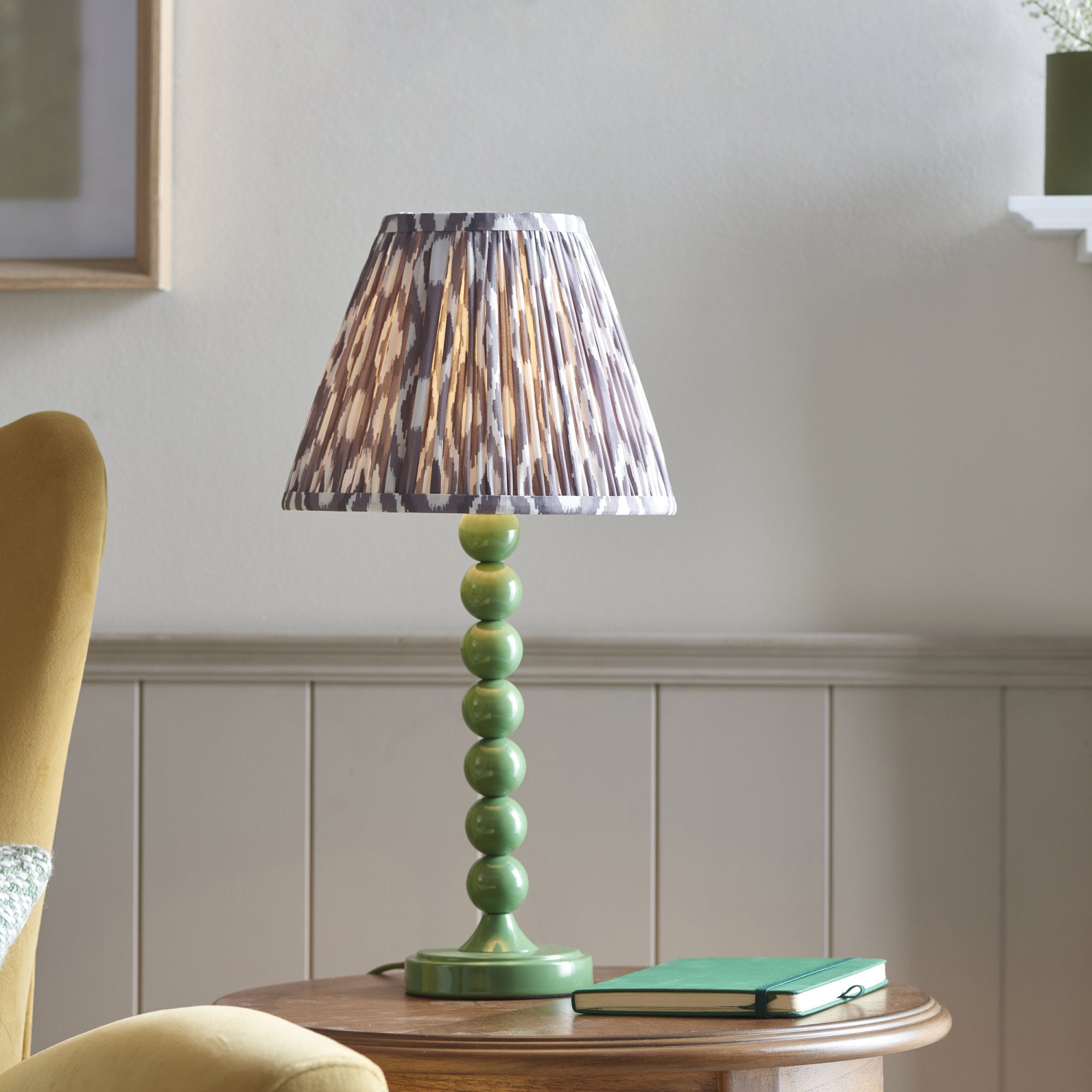 Endon Higgledy Gloss Cotswold Green Table Lamp & Ikat 25cm Pearl Grey Shade