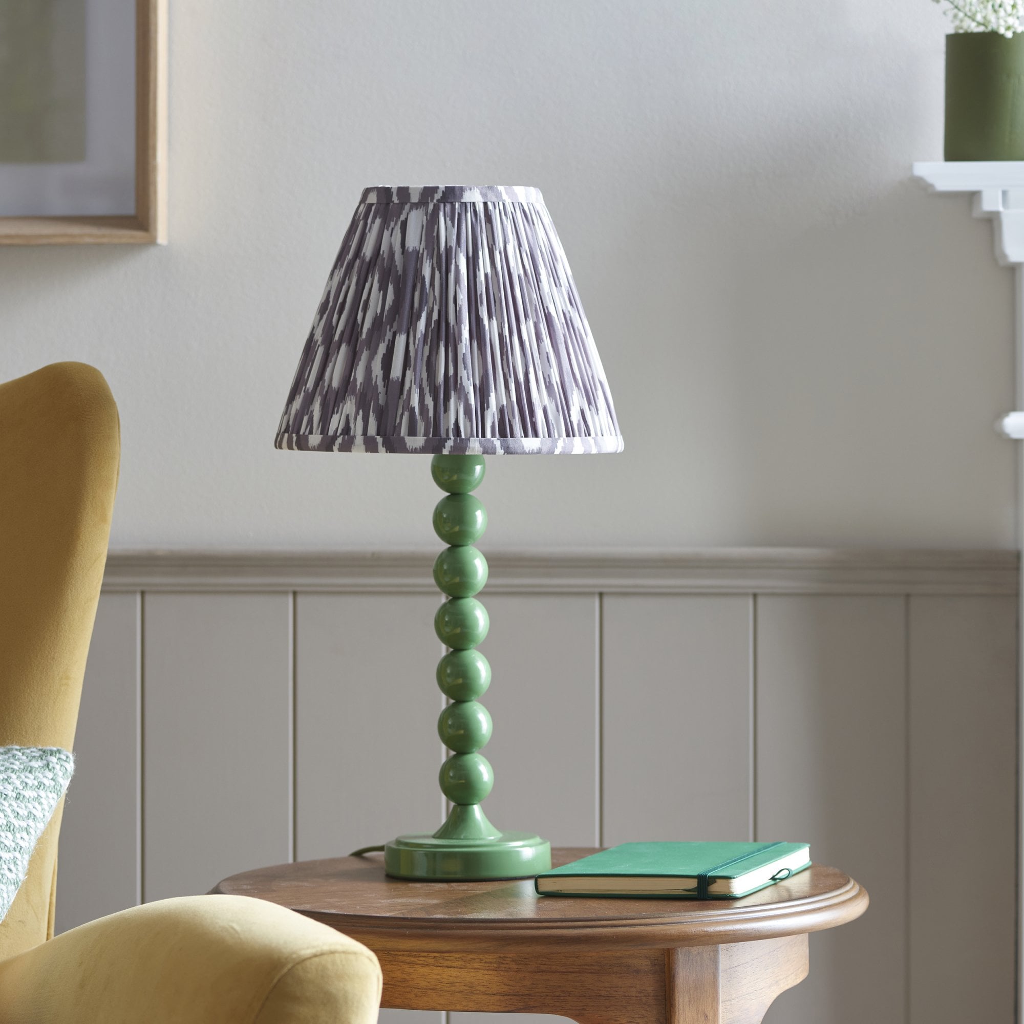 Endon Higgledy Gloss Cotswold Green Table Lamp & Ikat 25cm Pearl Grey Shade