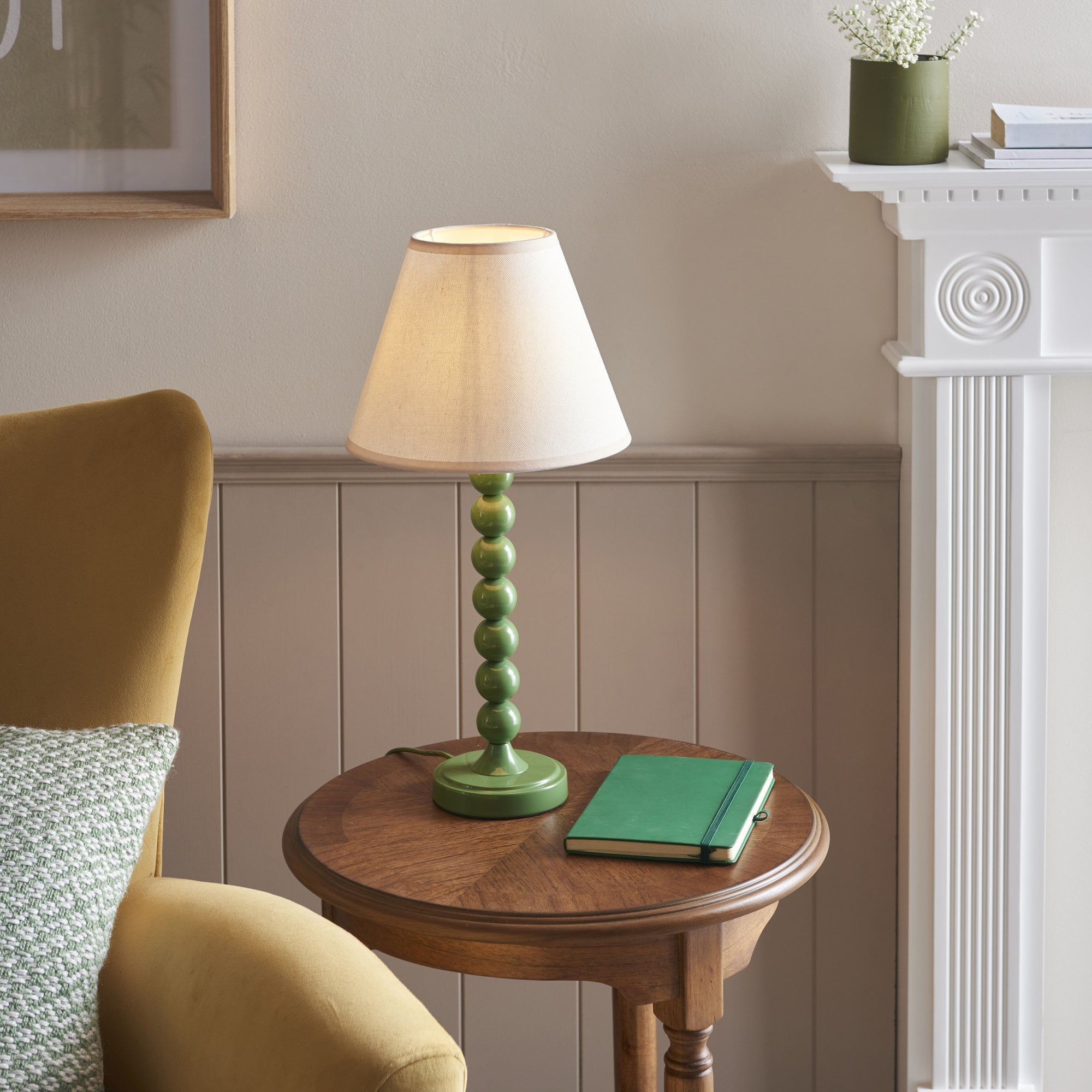 Endon Higgledy Gloss Cotswold Green Table Lamp & Ivy 25cm Vintage White Shade