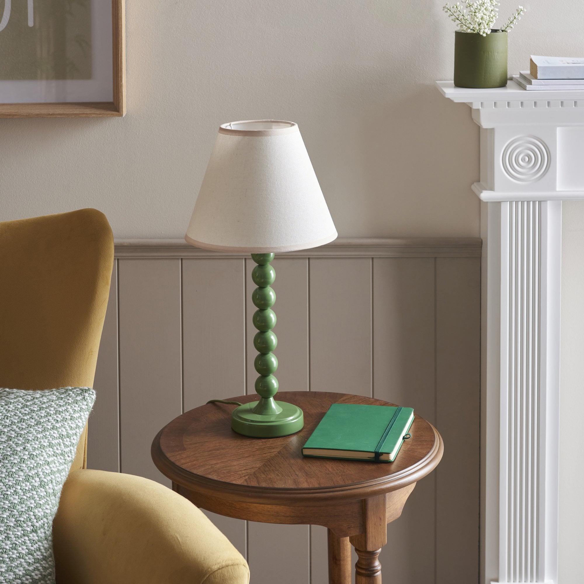 Endon Higgledy Gloss Cotswold Green Table Lamp & Ivy 25cm Vintage White Shade