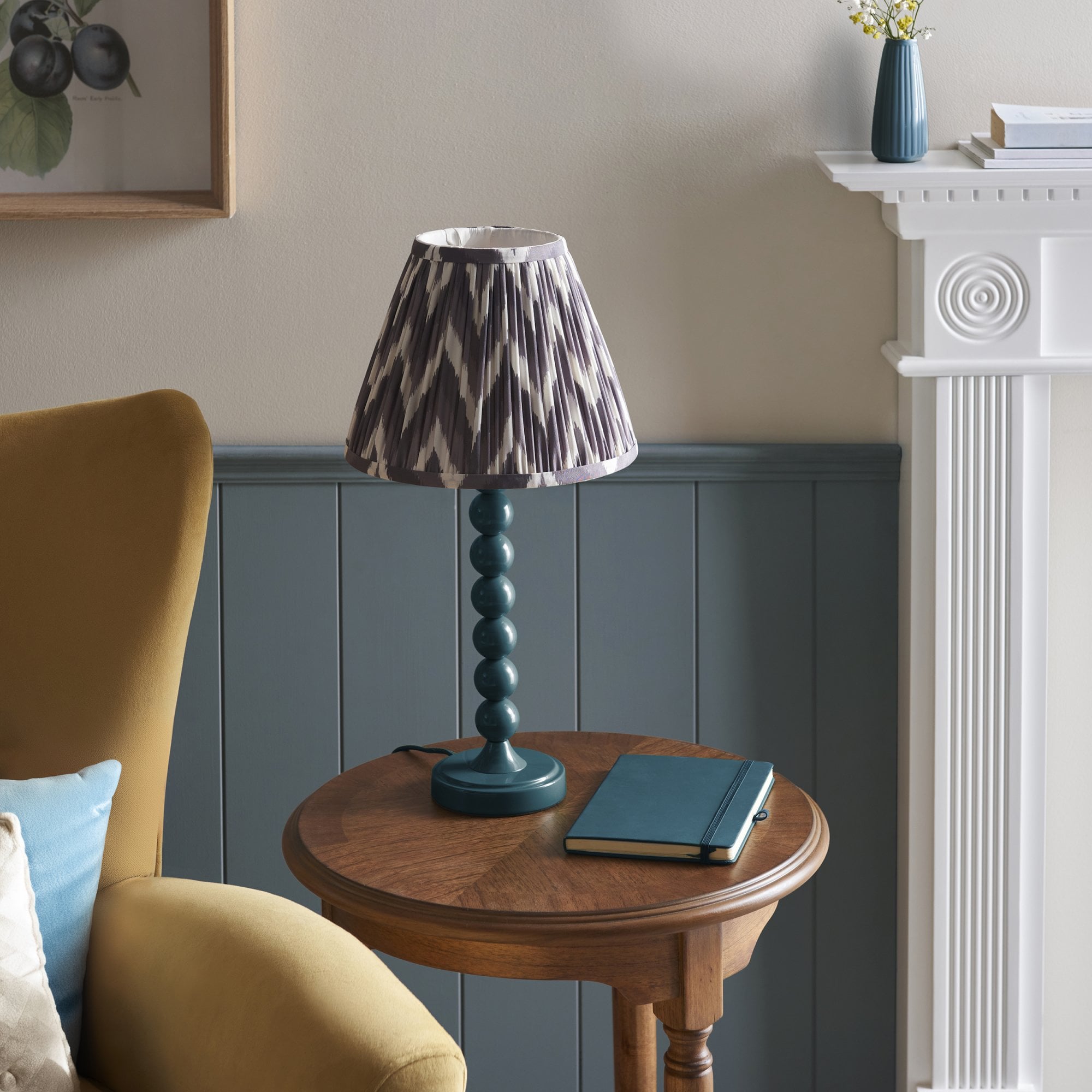 Endon Higgledy Gloss Marlin Blue Table Lamp & Zigzag 25cm Pearl Grey Shade