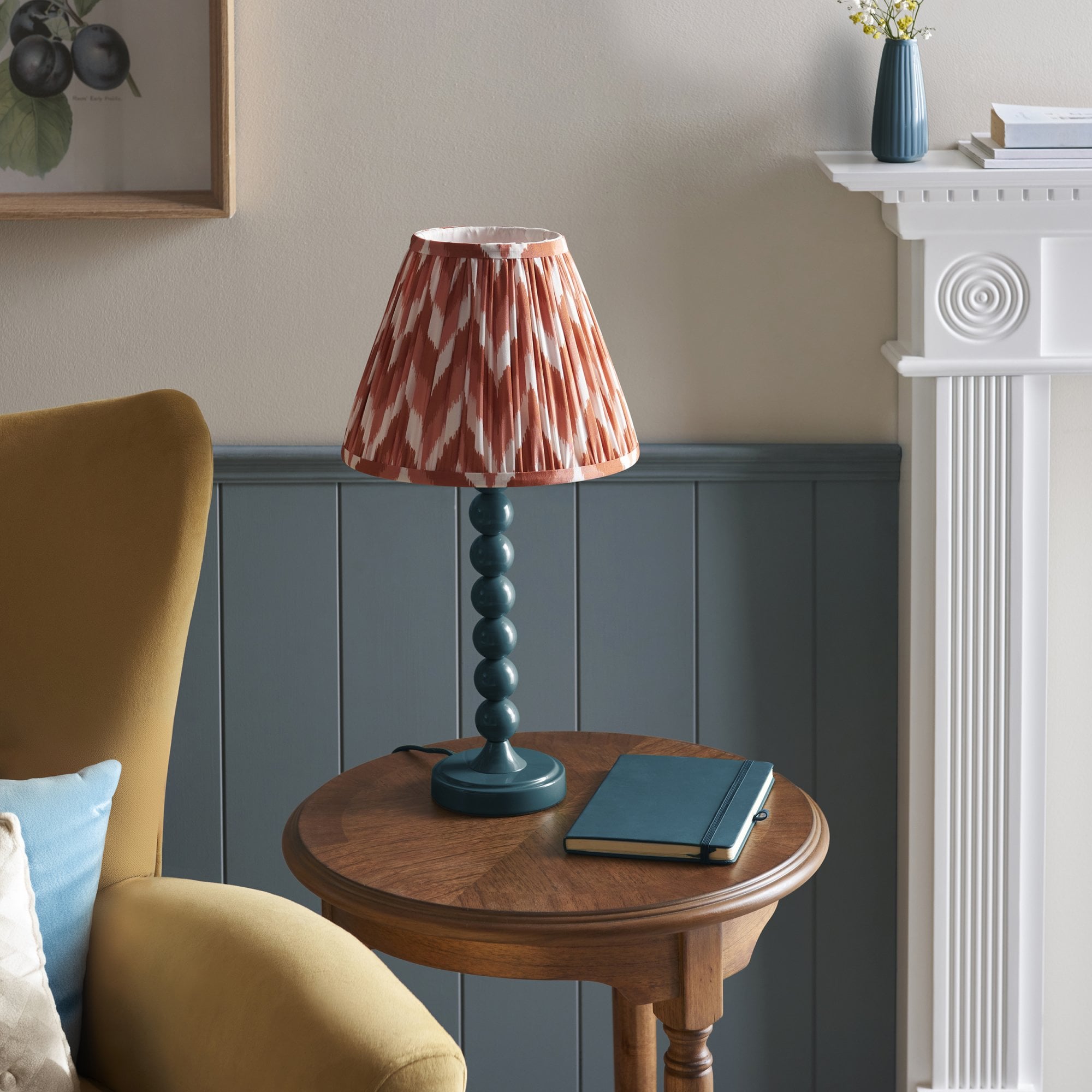 Endon Higgledy Gloss Marlin Blue Table Lamp & Zigzag 25cm Apricot Orange Shade