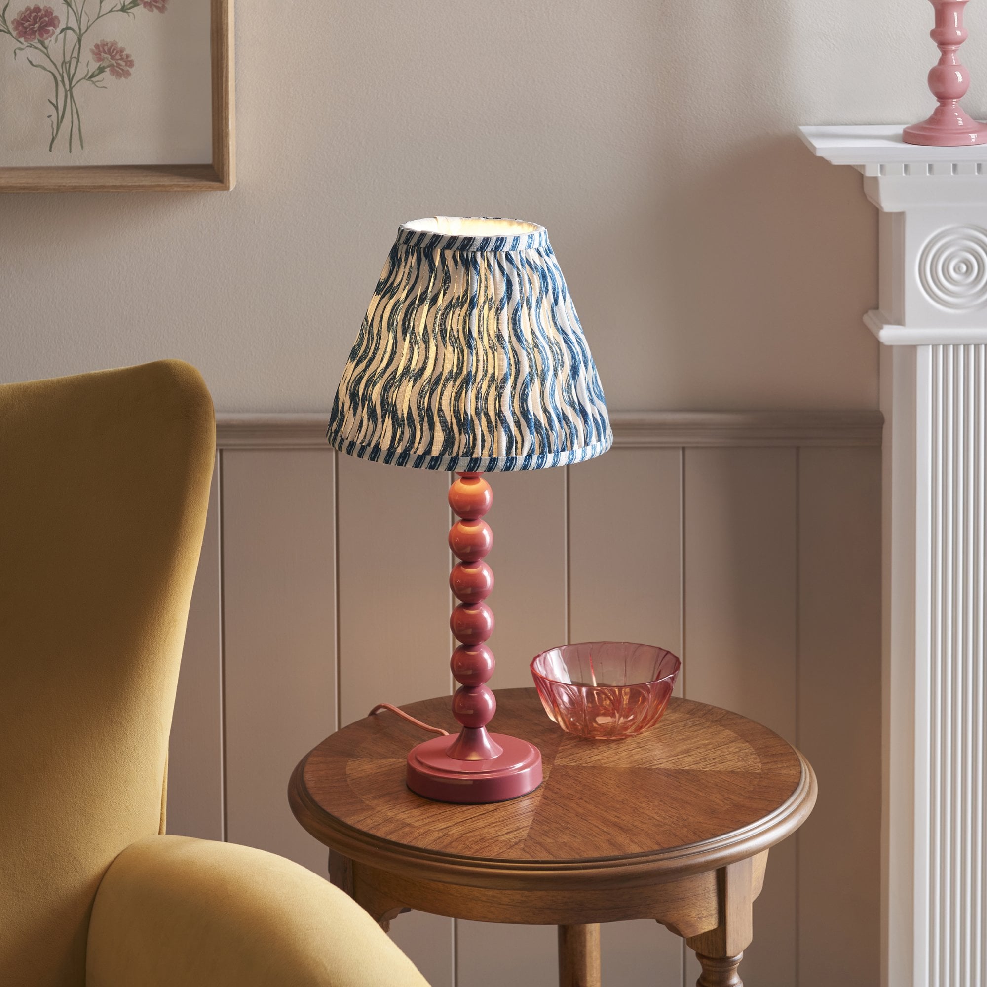 Endon Higgledy Gloss Pink Clay Table Lamp & Ripple 25cm Marlin Blue Shade