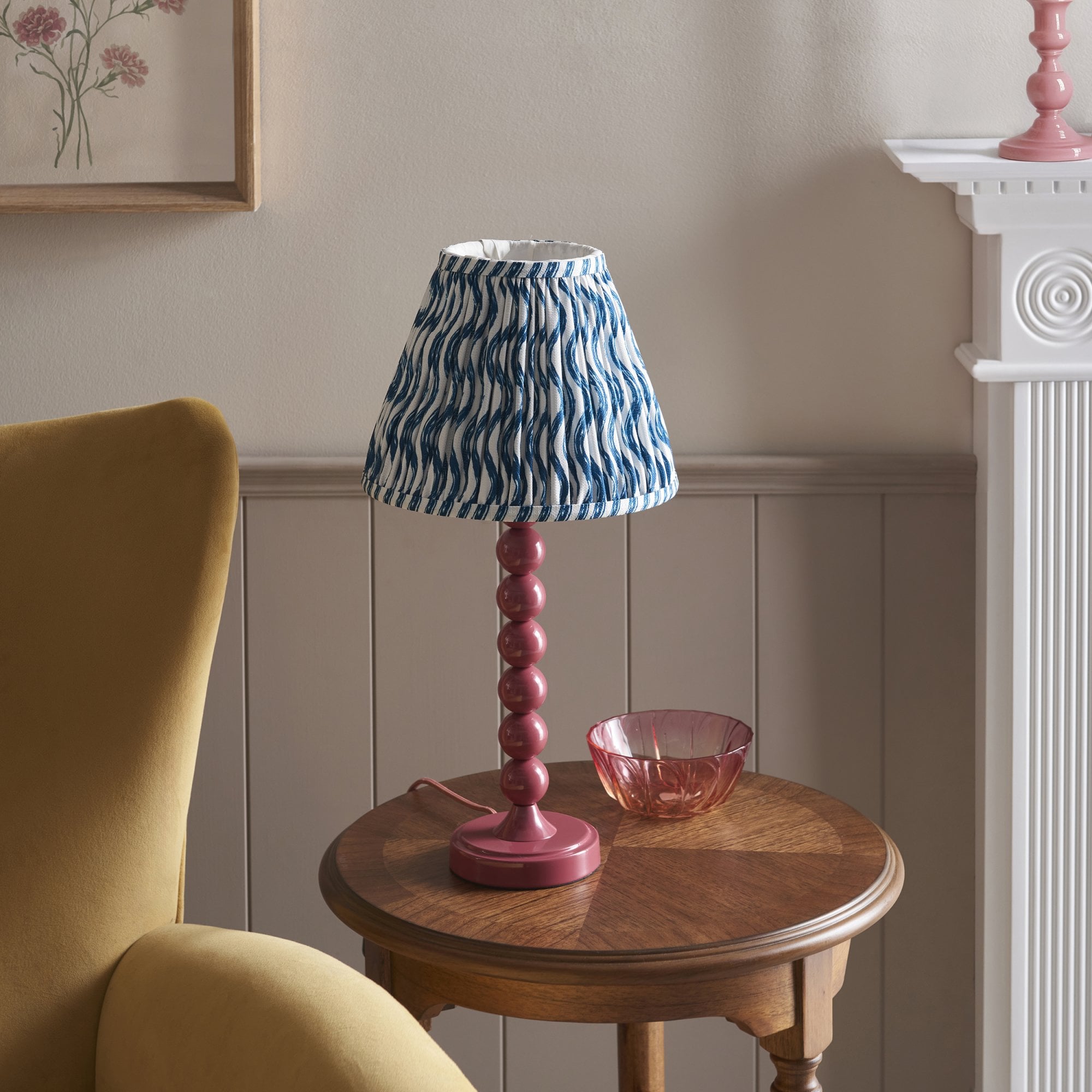 Endon Higgledy Gloss Pink Clay Table Lamp & Ripple 25cm Marlin Blue Shade