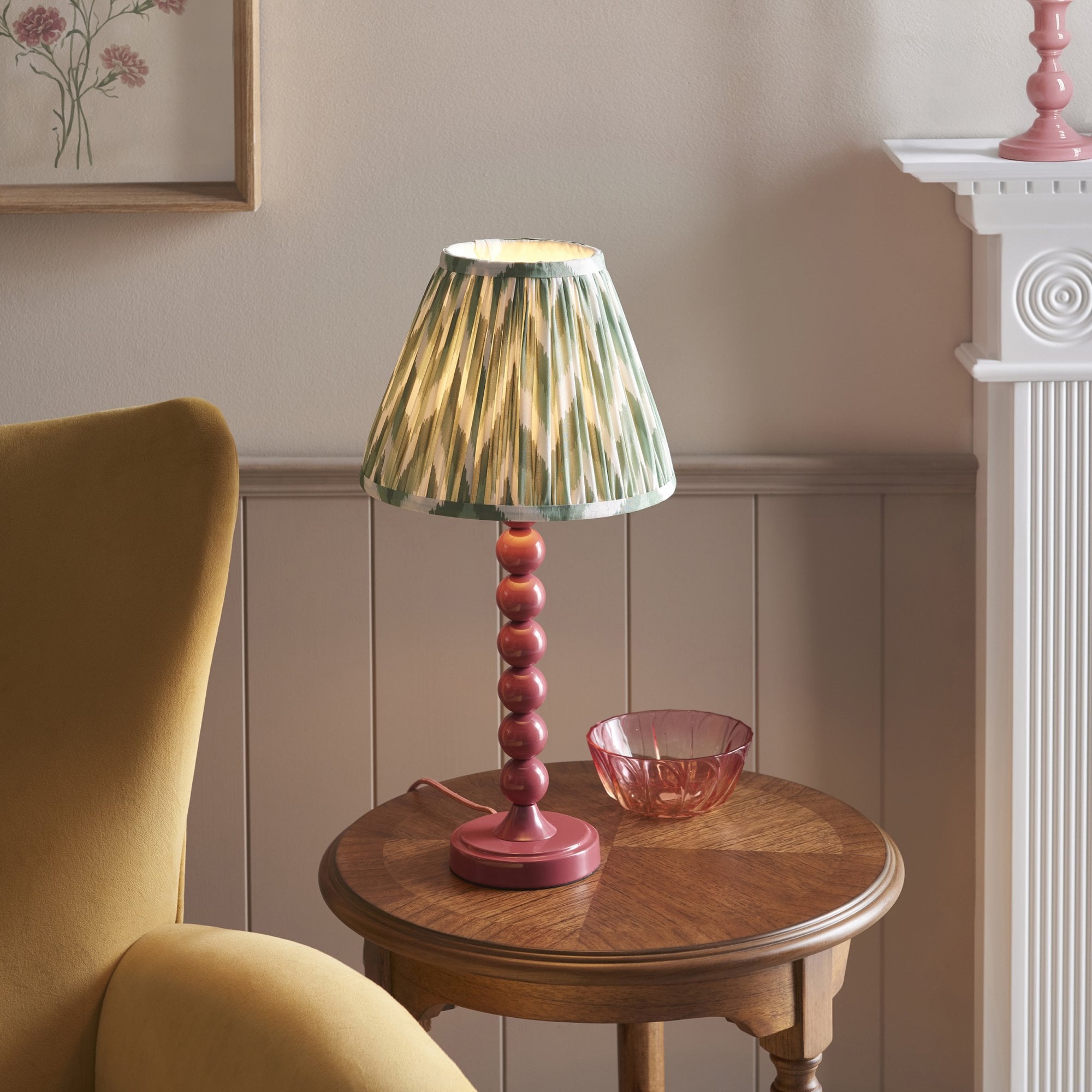Endon Higgledy Gloss Pink Clay Table Lamp & Zigzag 25cm Cotswold Green Shade