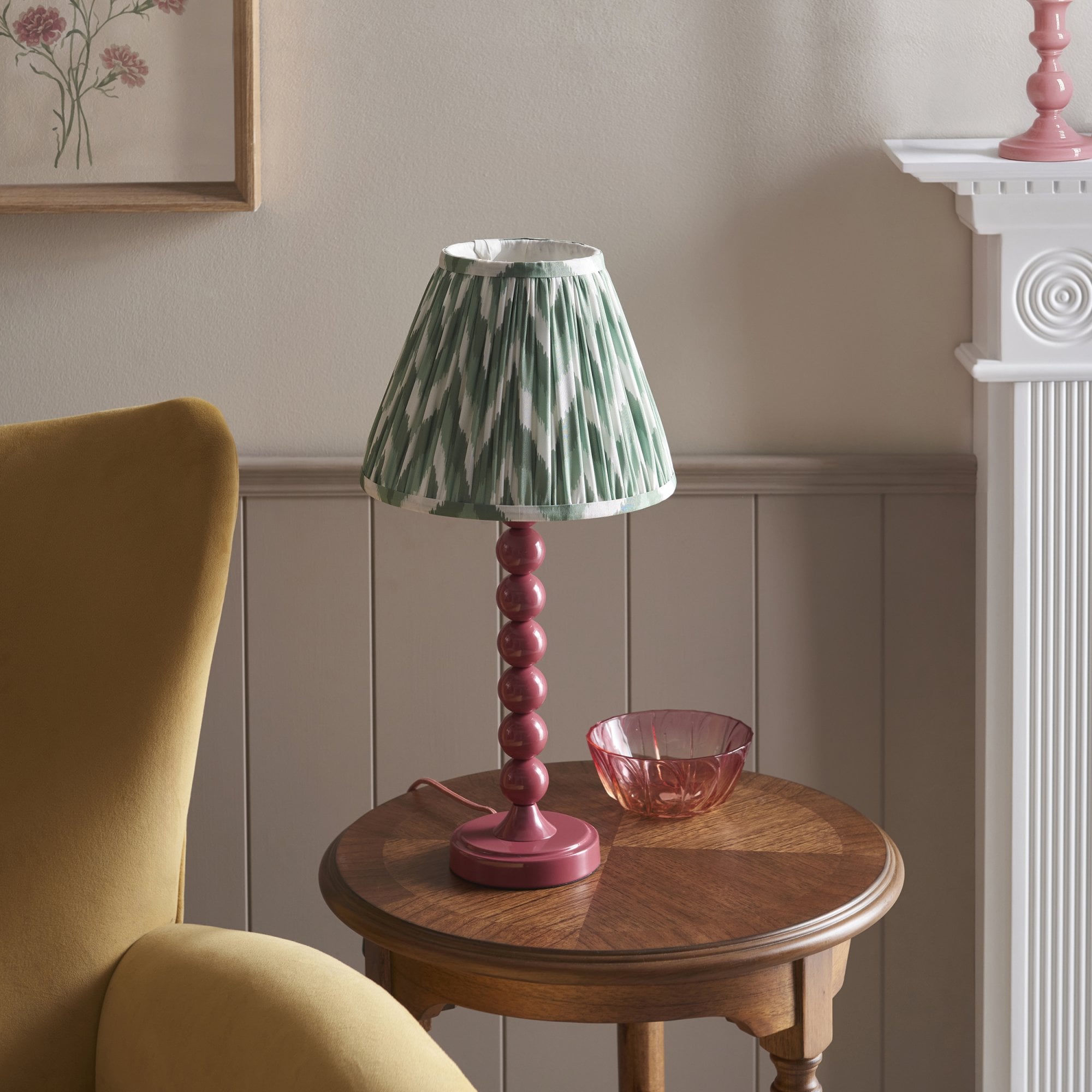 Endon Higgledy Gloss Pink Clay Table Lamp & Zigzag 25cm Cotswold Green Shade