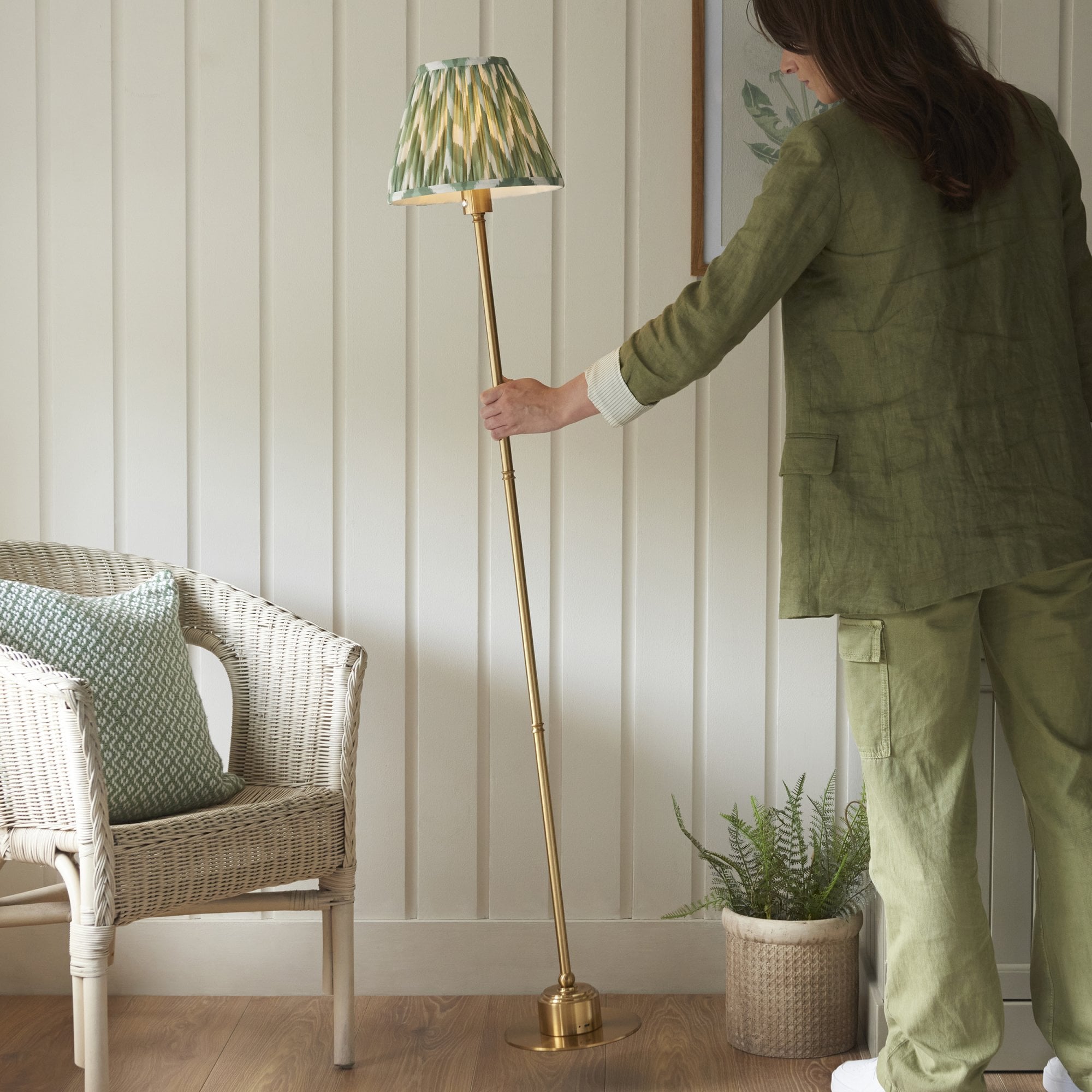 Endon Burley Rechargeable Floor Lamp & Zigzag 25cm Cotswold Green Shade