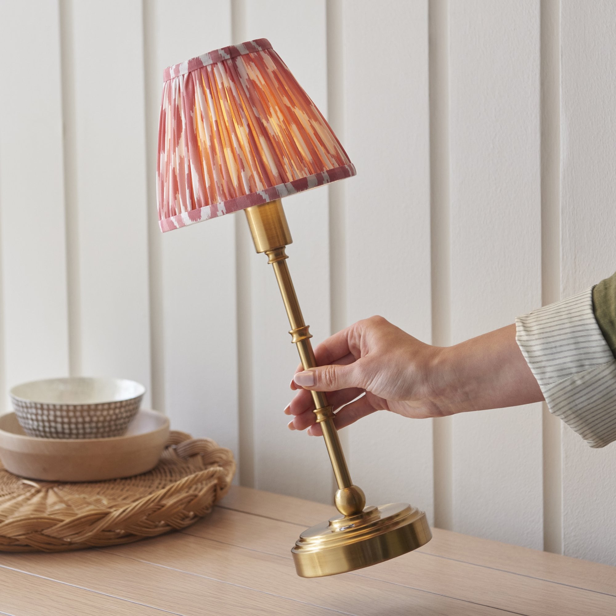 Endon Burley Rechargeable Table Lamp & Ikat 16cm Coral Pink Shade