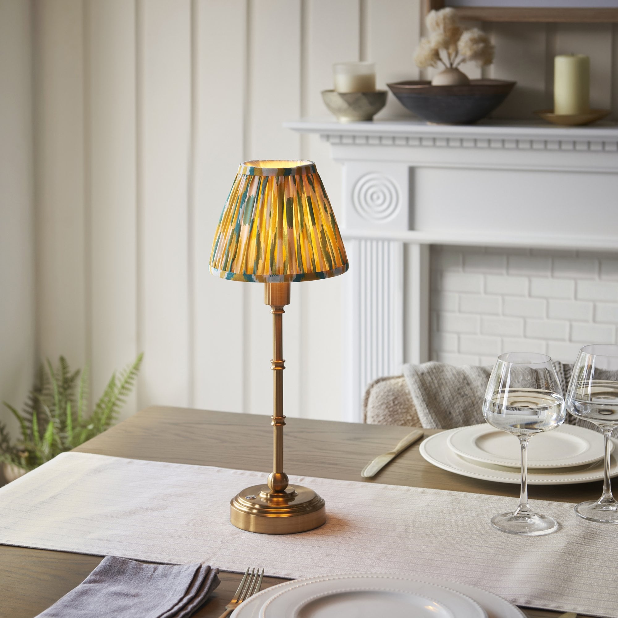 Endon Burley Rechargeable Table Lamp & Ikat 16cm Yellow & Jade Shade