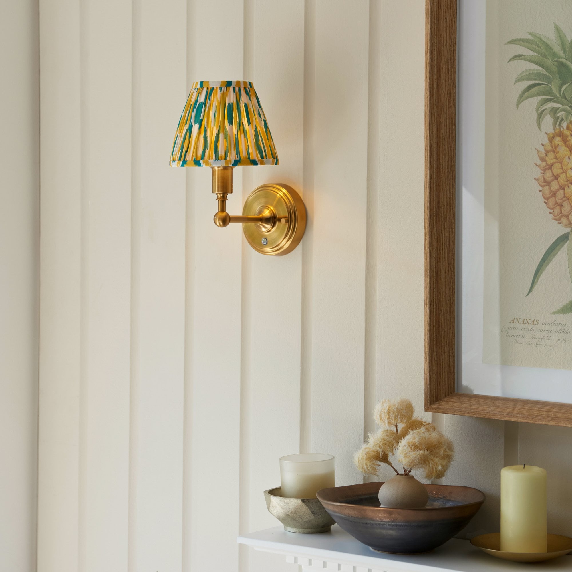 Endon Burley Rechargeable Wall Light & Ikat 16cm Yellow & Jade Shade