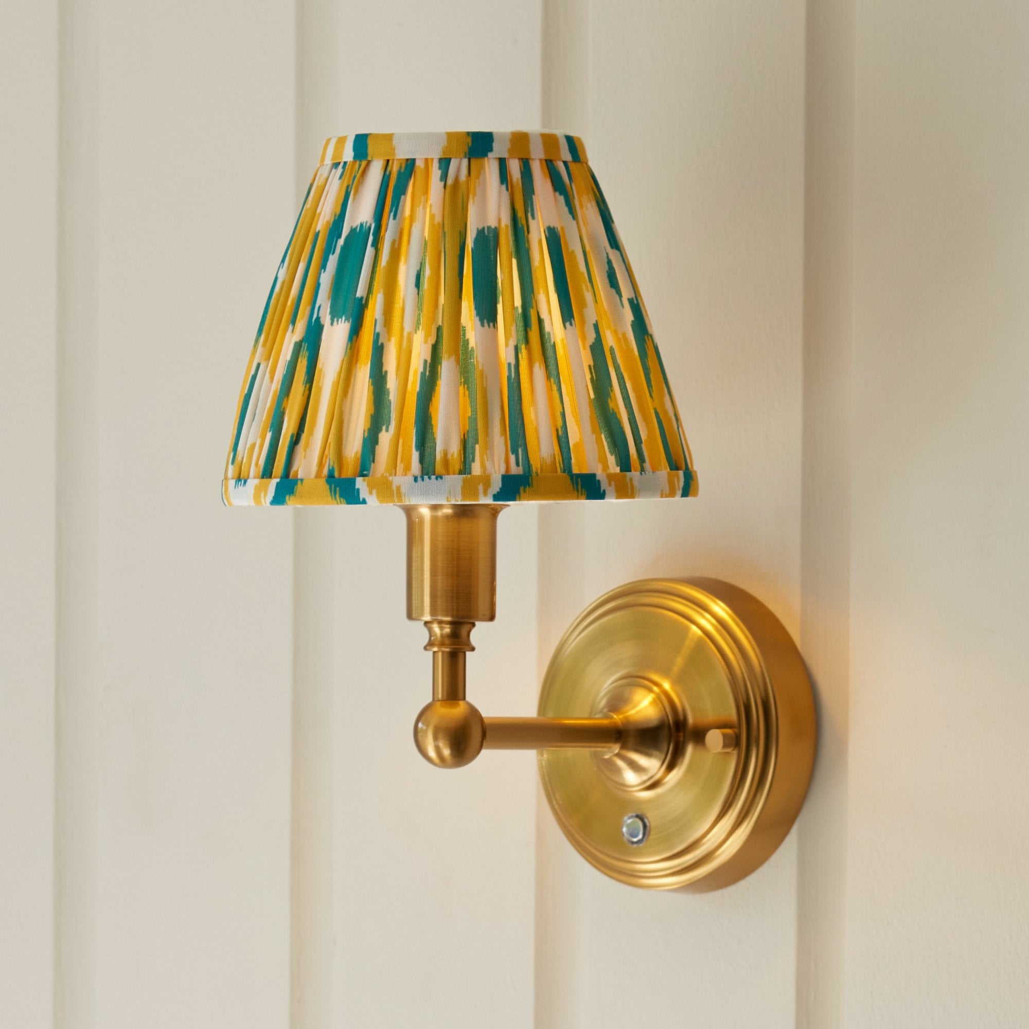 Endon Burley Rechargeable Wall Light & Ikat 16cm Yellow & Jade Shade