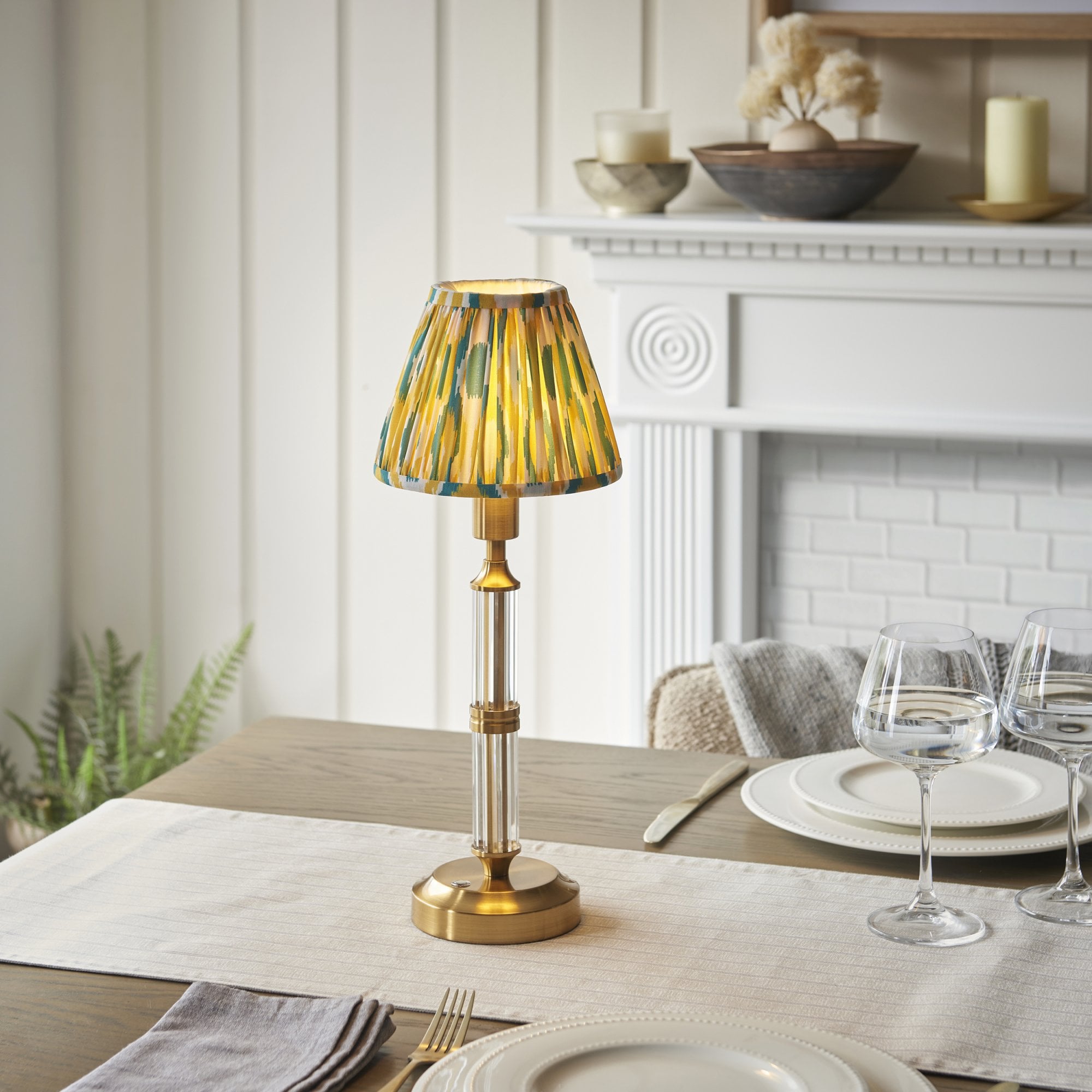 Endon Morton Rechargeable Table Lamp & Ikat 16cm Yellow & Jade Shade
