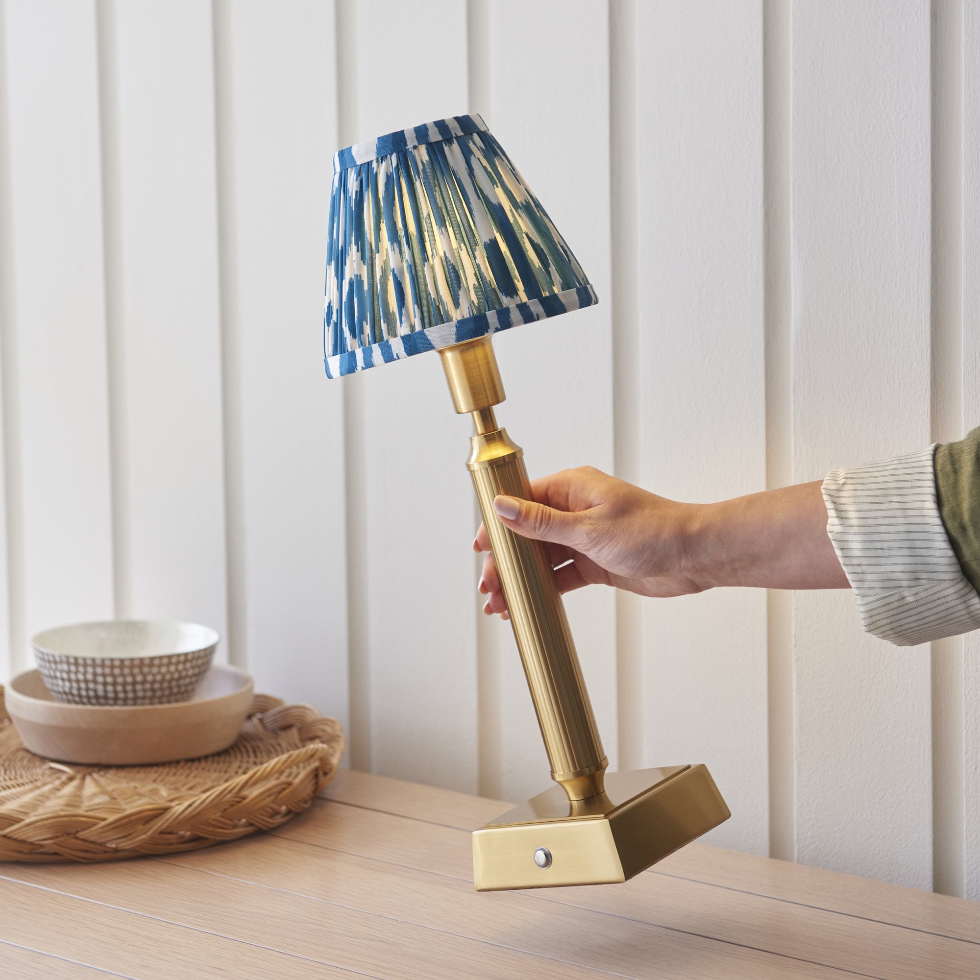 Endon Trobridge Rechargeable Table Lamp & Ikat 16cm Marlin Blue Shade